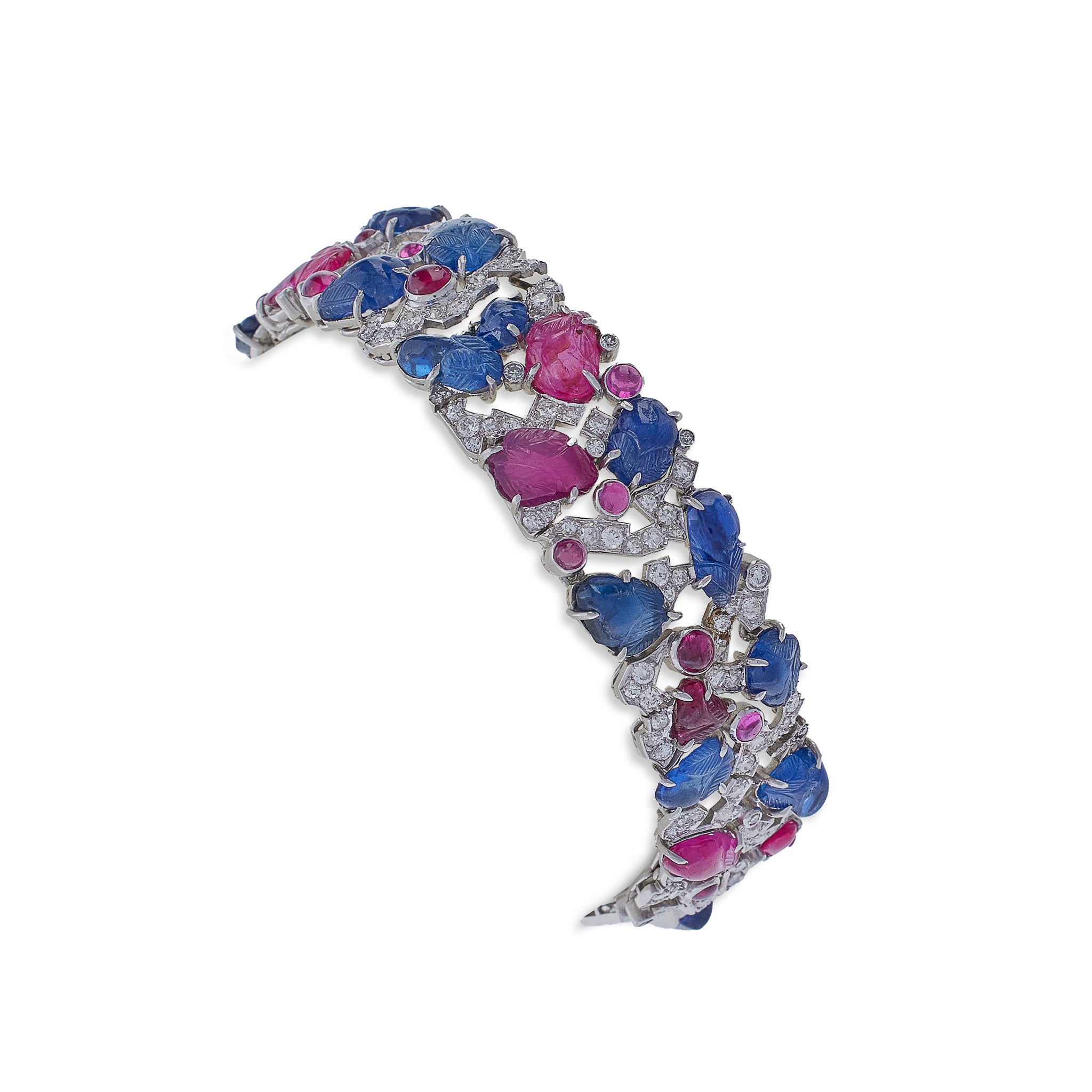 Exquisite Carved Ruby, Sapphire & Diamond Tutti Frutti Bracelet – Vintage Luxury Strap for Women | Perfect for Weddings, Parties & Special Occasions