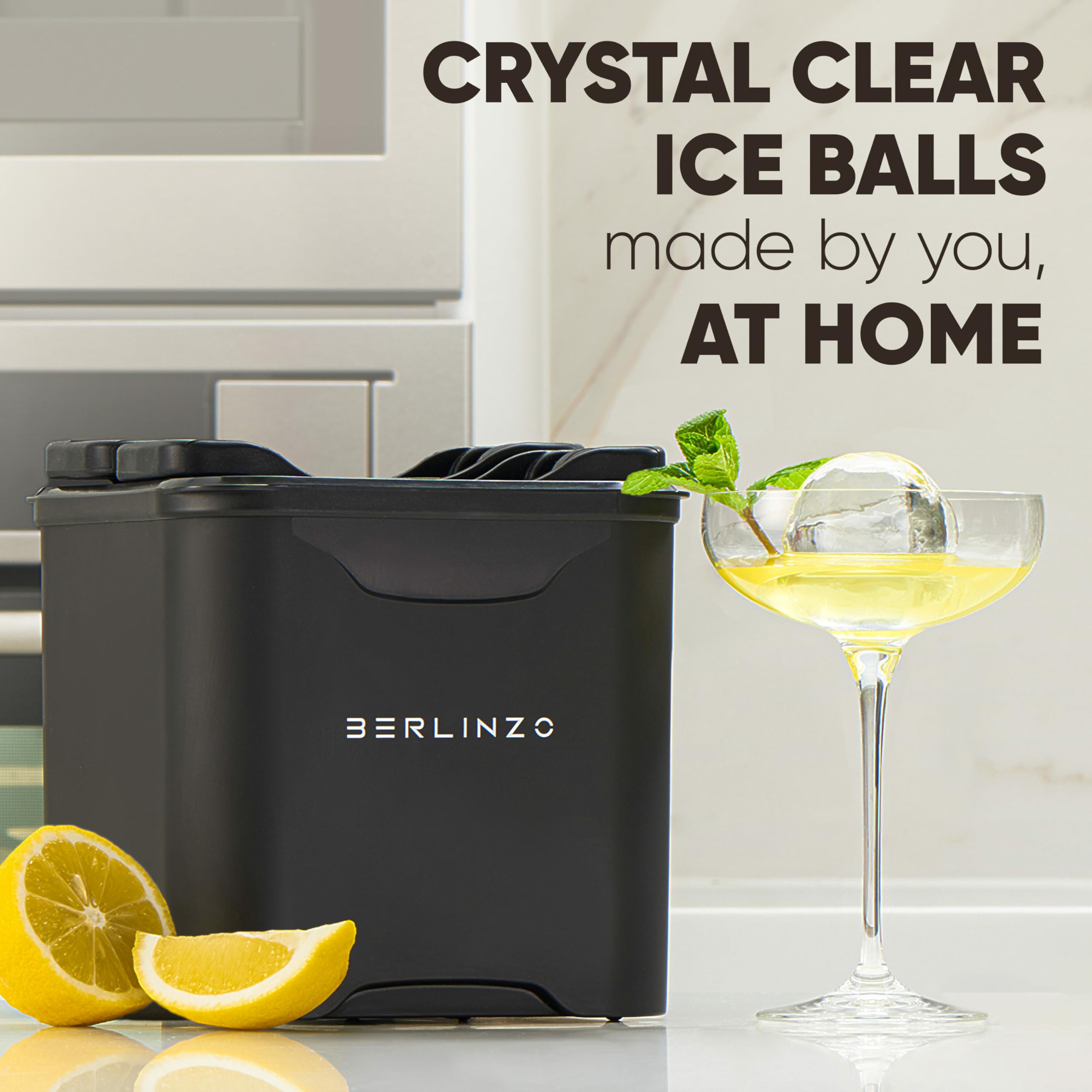 Berlinzo Premium Clear Ice Ball Maker Mold - 4 Large 2.4-inch Crystal Clear Ice Spheres for Whiskey, Bourbon & Cocktails | Easy-to-Remove Silicone Mold with Storage Bag & Ice Press Stamp Ring | Perfect for Home Bars, Parties & Gifts (Black)