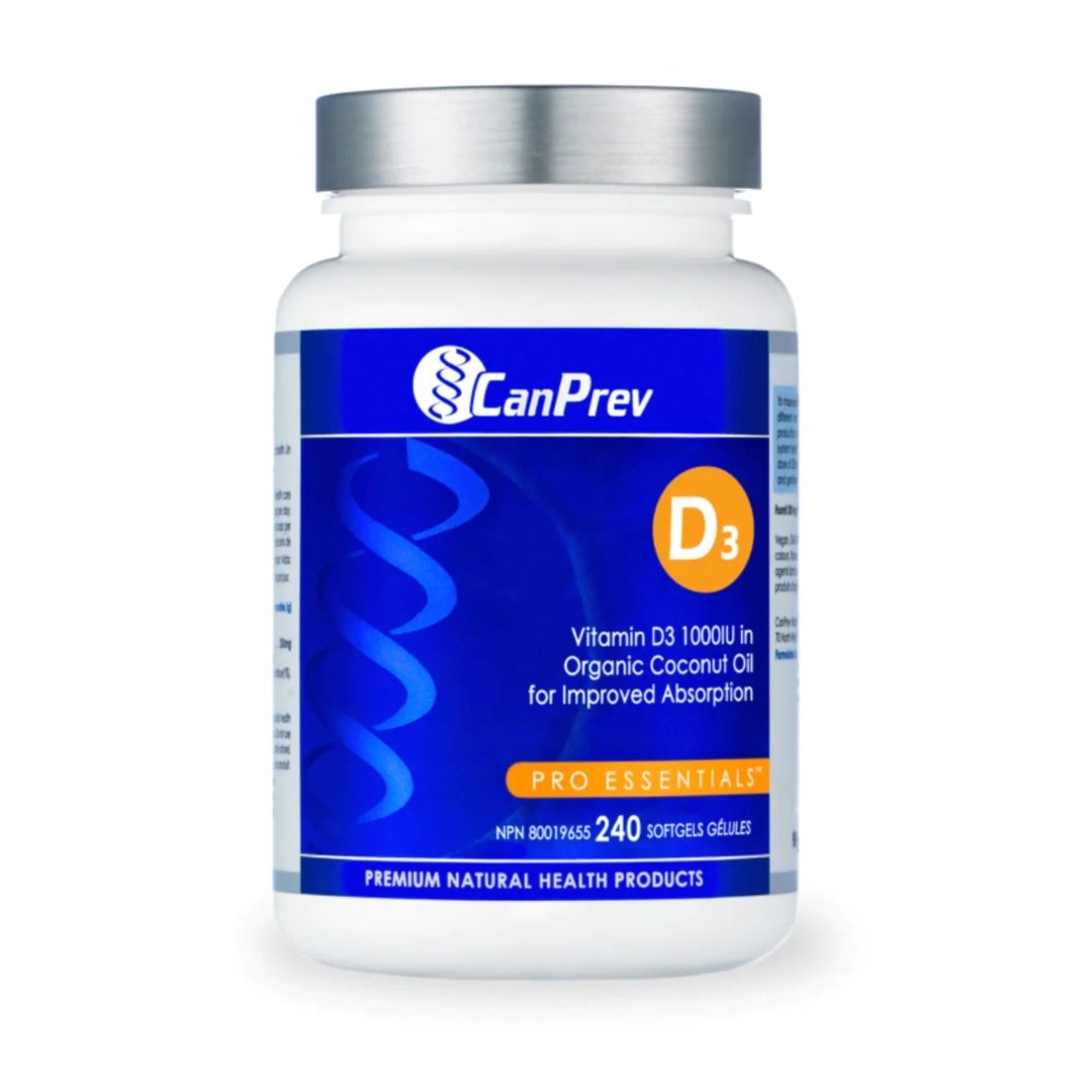 Canprev Vitamin D3 1000 IU with Organic Coconut Oil - 240 Softgels for Immune Support & Bone Health - Perfect for Daily Supplementation & Wellness