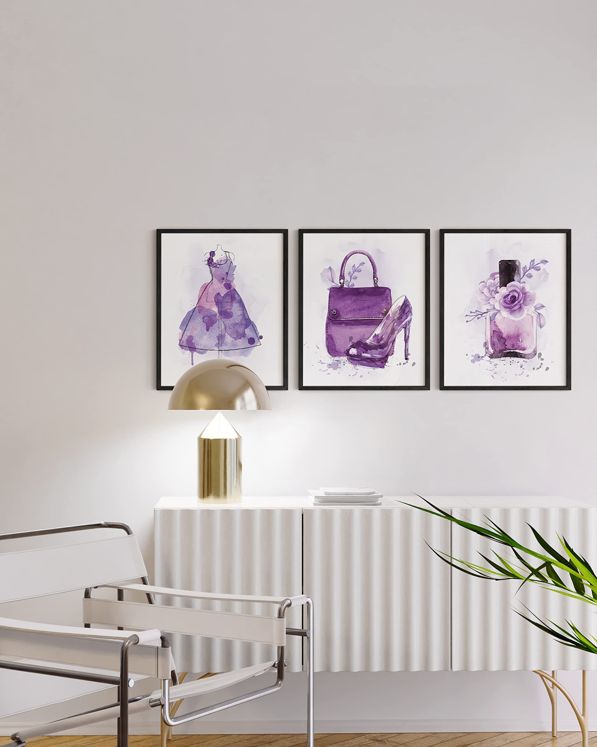 HAUS AND HUES Fashion Wall Art Set of 3 - Purple Wall Decor for Bedroom, Designer Wall Art, Glam Wall Posters with Black Frame (16x20) - Perfect for Home Decor, Living Room, Office & Gift Giving