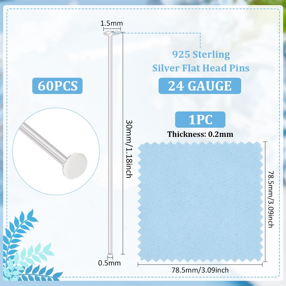 BENECREAT 60Pcs 925 Sterling Silver Flat Head Pins, 24 Gauge Jewelry Making Supplies for DIY Earrings, Necklaces & Bracelets - 1.2 Inch Long Silver Pins for Beading and Crafting