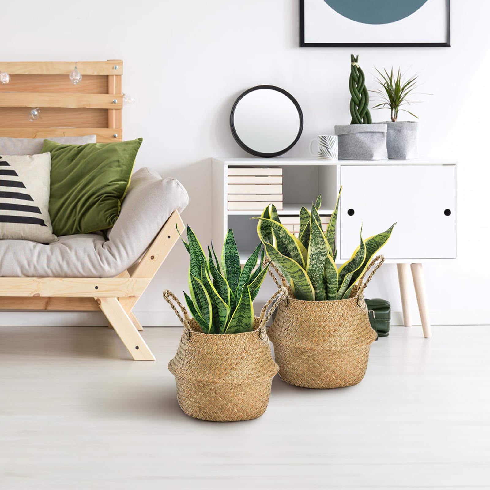 Yesland 2-Pack Woven Seagrass Baskets with Handles - Storage for Laundry, Plants & Picnic