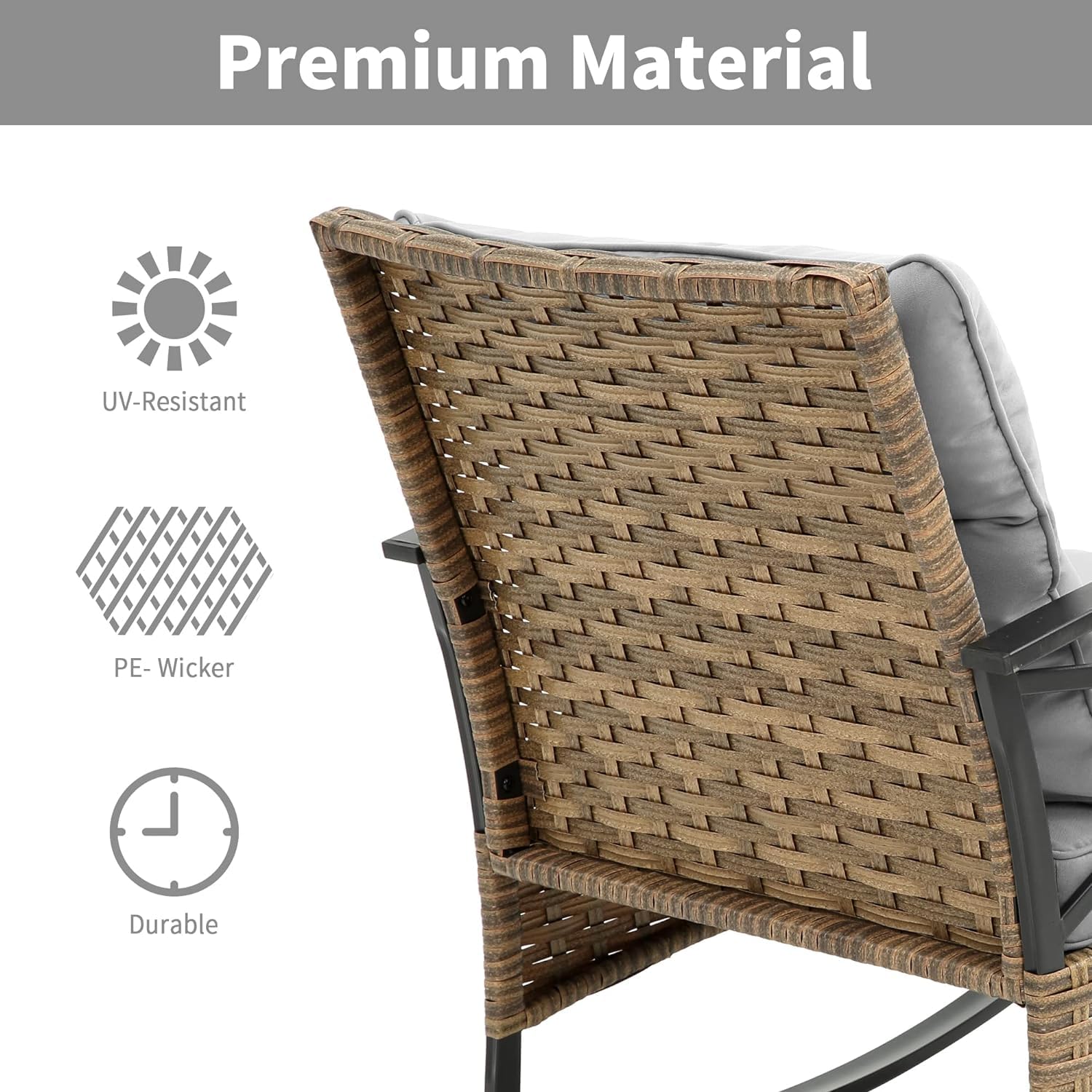 3-Piece Outdoor Rocking Chair Set - Grey Patio Bistro Furniture with Wicker Rockers & Cushioned Seating, Perfect for Porch, Garden, Lawn or Backyard Relaxation