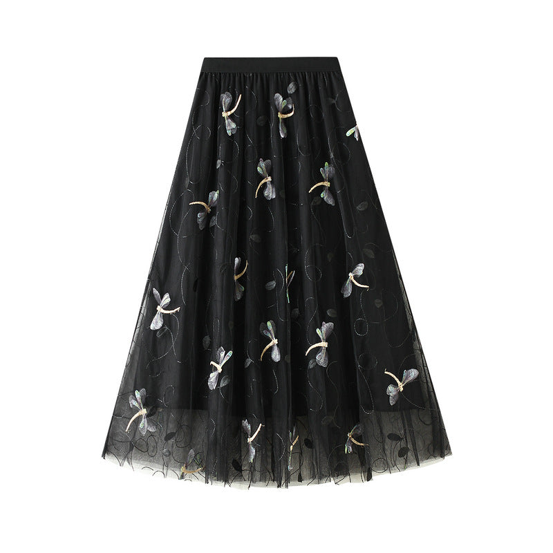 3D Embroidered Dragonfly Mesh Skirt - French High Waist A-Line Skirt for Women | Elegant Summer Party Dress for Weddings, Dates & Special Occasions