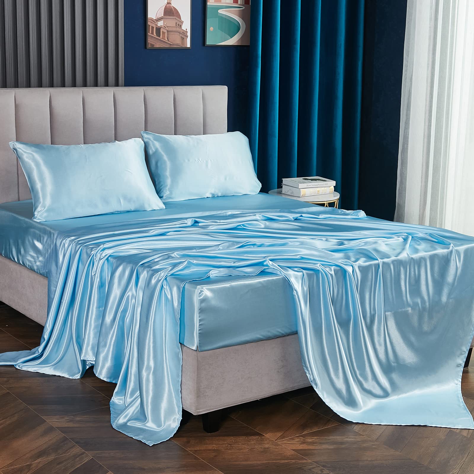 Luxury 4-Piece Satin Sheet Set Queen Size - Baby Blue Silky Bedding with Deep Pocket Fitted Sheet, Flat Sheet & 2 Pillowcases | Soft Silk-Like Satin for Ultimate Comfort | Perfect for Master Bedroom, Guest Room & Luxury Hotels