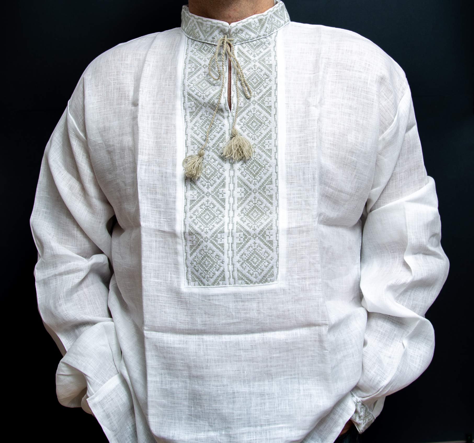 Authentic Ukrainian Vyshyvanka - Slavic Traditional Hand Embroidered Linen Shirt for Men, White Olive (Medium) - Perfect for Cultural Events, Weddings & Folk Festivals