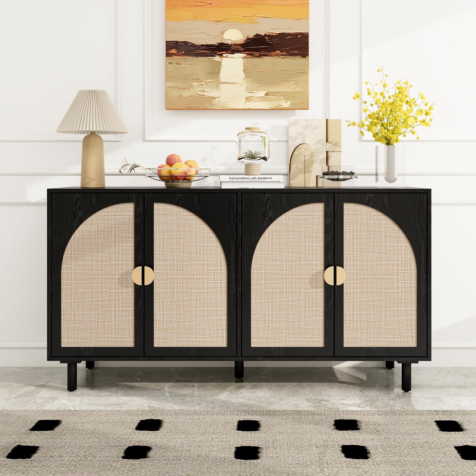 Modern Rattan Sideboard Buffet Cabinet with 4 Doors & 2 Adjustable Shelves - Stylish Boho Storage Console for Living Room, Kitchen, Dining Room - Perfect for Organizing Dishes, Linens & Home Decor (Black)