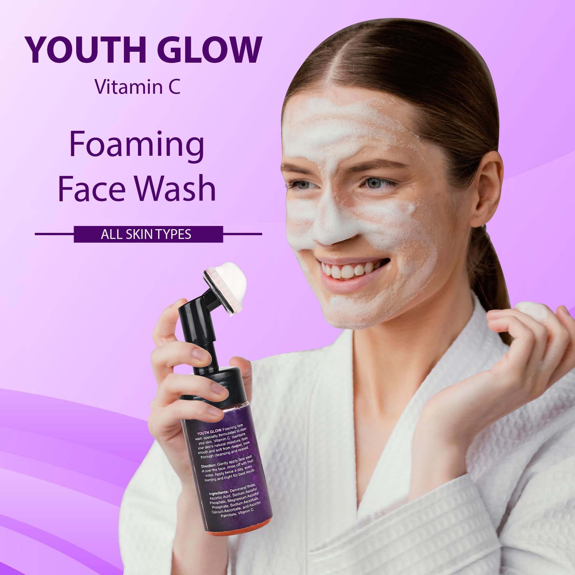 Youth Glow Vitamin C Foaming Face Wash for Glowing Skin - Brightening & Hydrating Cleanser for Teens & Adults | Morning & Night Skincare Routine
