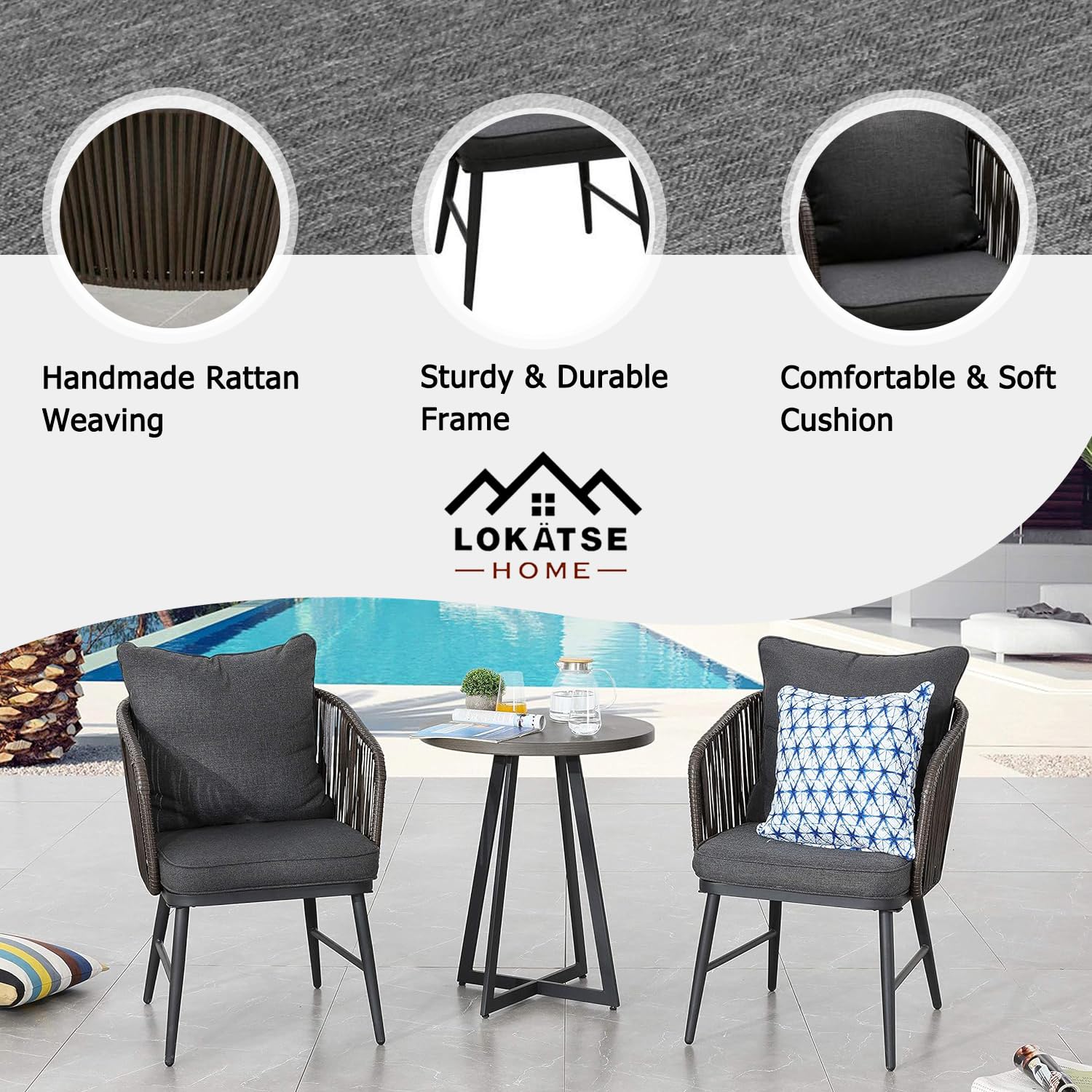 LOKATSE HOME 3-Piece Outdoor Bistro Set - Modern Wicker Patio Furniture with 2 Chairs (Includes Seat & Back Cushions) & 1 Black Coffee Table - Perfect for Balcony, Garden, Deck or Poolside Relaxation