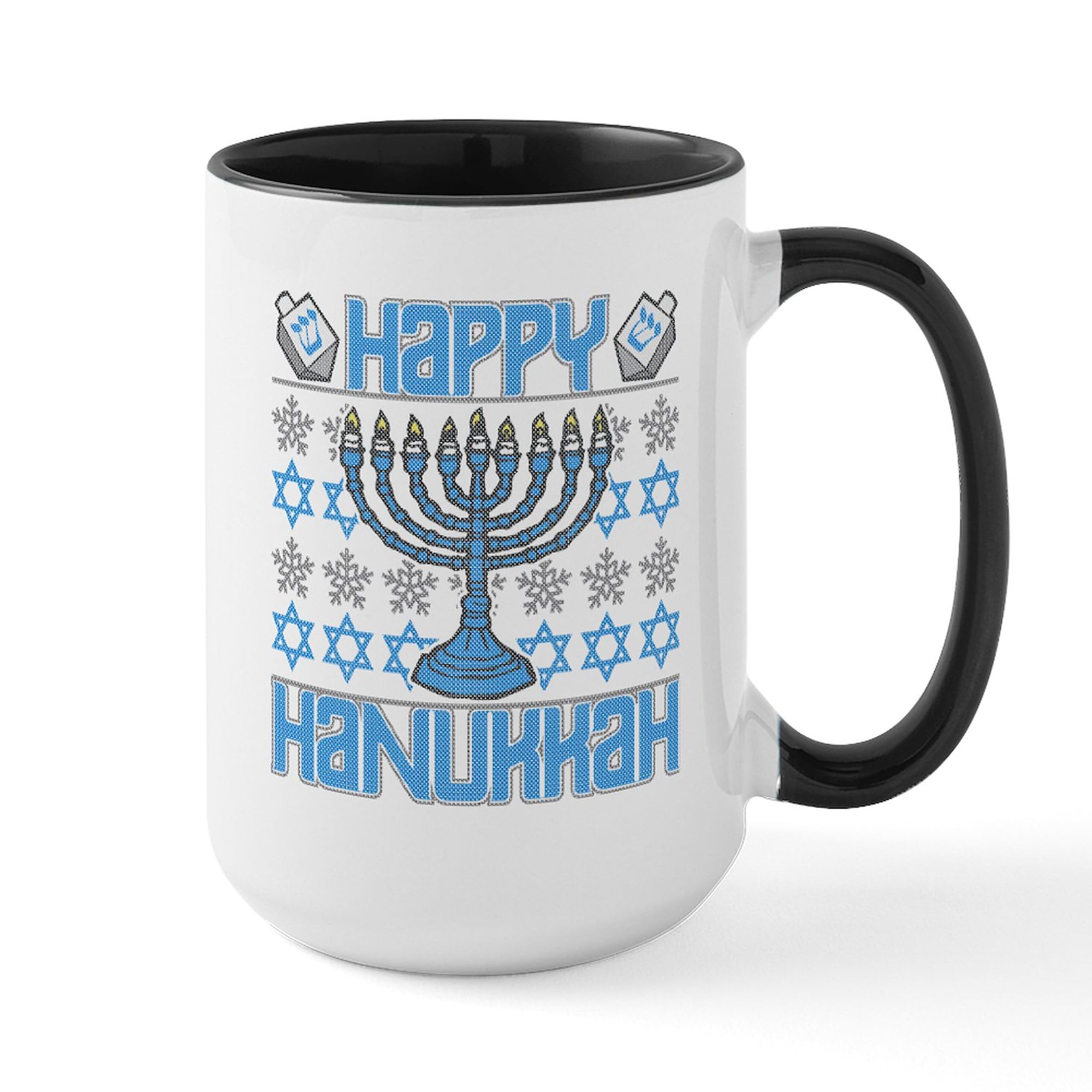 Happy Hanukkah 15 oz Ceramic Coffee Mug - 444 ml White Jewish Holiday Gift Mug for Men & Women - Perfect for Hot Cocoa, Tea or Latte at Home or Office