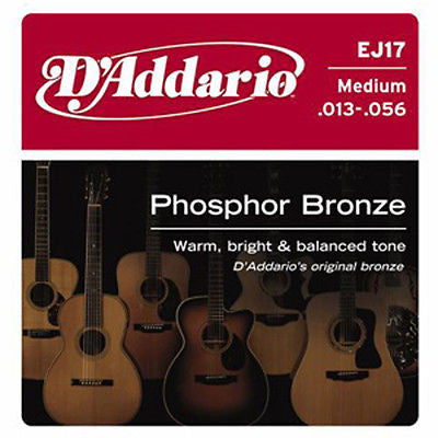 D'Addario EJ17 Phosphor Bronze Medium Gauge Acoustic Guitar Strings - Warm Balanced Tone for Folk, Country & Fingerstyle Playing