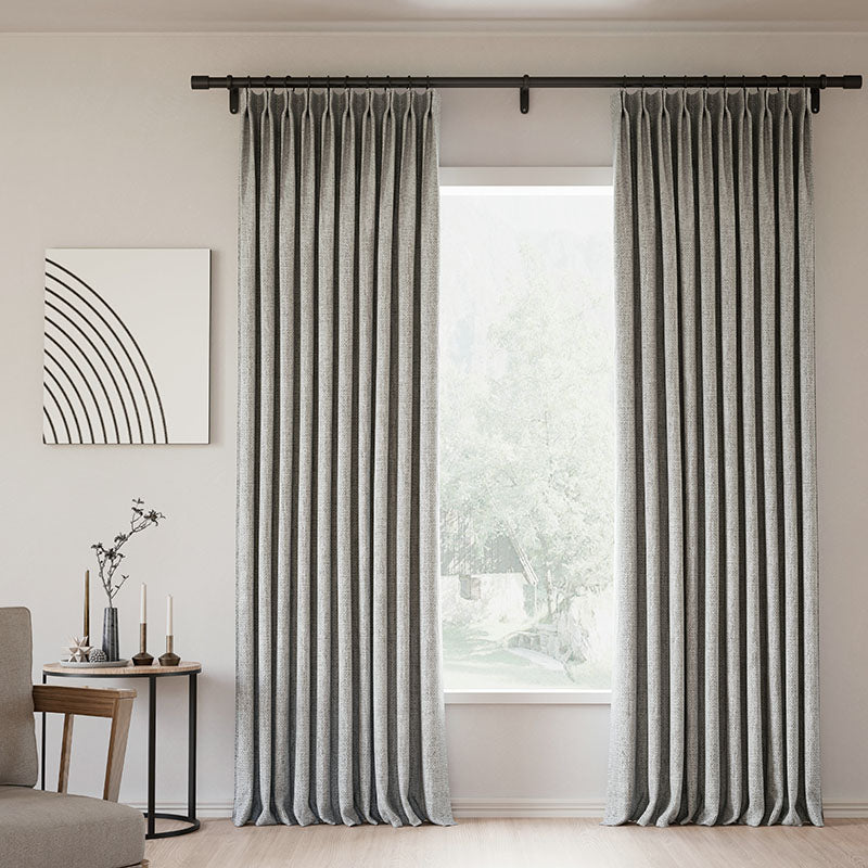 Pinch Pleated Blackout Curtains - 100% Linen Memory Trained Drapes in Natural Grey Beige | Modern Custom Window Treatments for Living Room & Bedroom