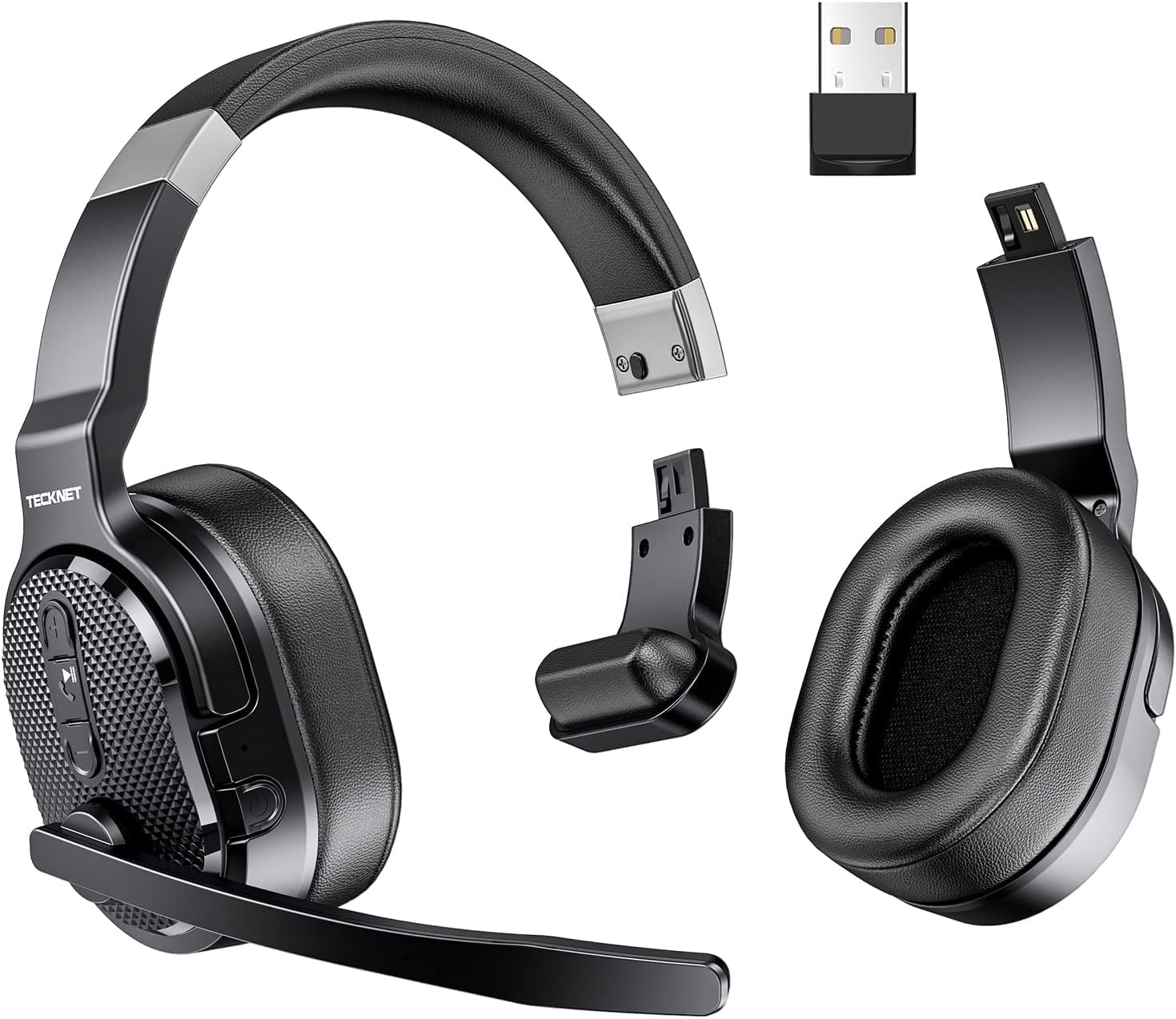 TECKNET Wireless Bluetooth Headset with Microphone - Noise Cancelling 2-in-1 Headphones, 3 EQ Modes, Detachable Boom Mic for Computer, Teams, Skype - Perfect for Office, Call Center, Remote Work & Online Meetings