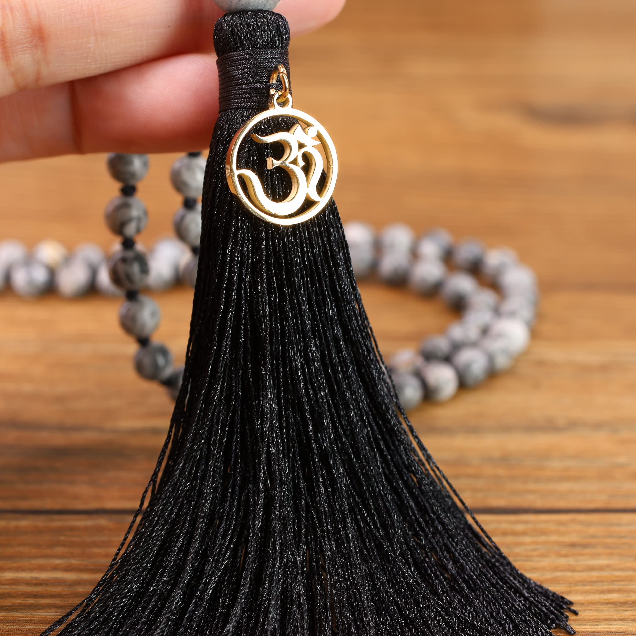 COAI OM Charm Hand Knotted Tassel 108 Mala Beads Necklace - Buddhist Meditation Prayer Beads for Yoga, Mindfulness & Spiritual Practice