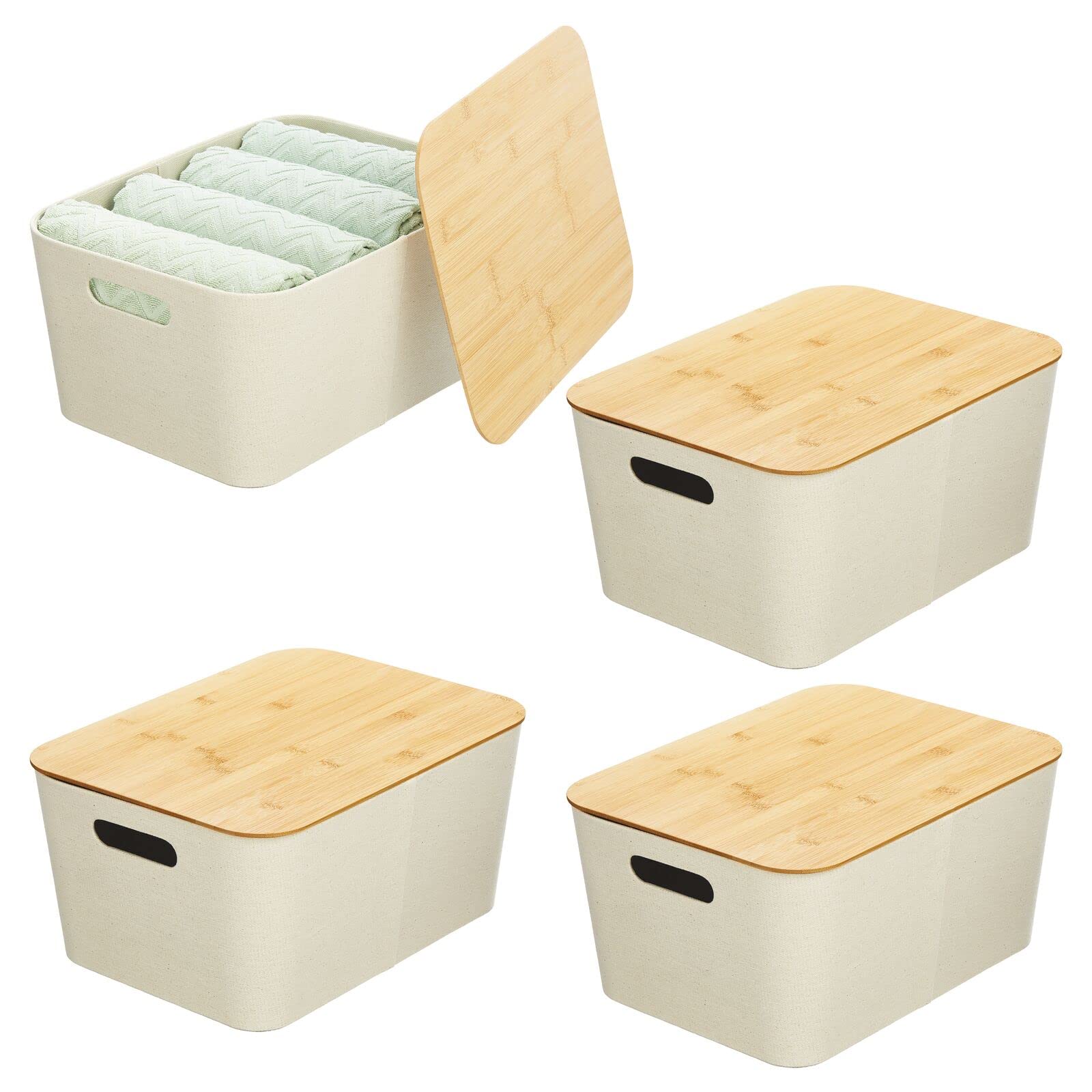mDesign Fabric Storage Baskets with Bamboo Lids - 4 Pack Stackable Decorative Organizer Bins for Closet, Bedroom, Office & Living Room - Perfect for Clothes, Toys, Blankets & Home Accessories (10