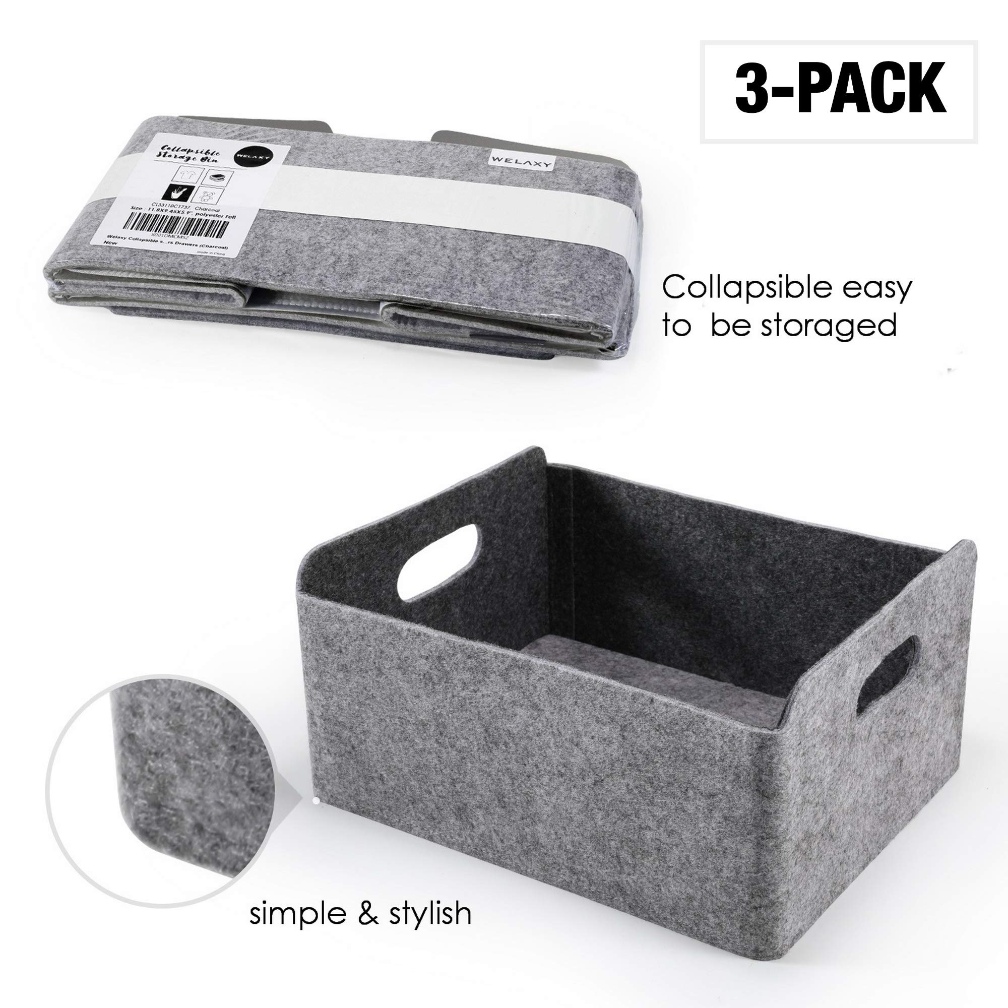Welaxy 3-Piece Collapsible Felt Storage Baskets with Handles - Foldable Organizer Bins for Kids Toys, Pet Supplies, Books & Clothes - Space-Saving Cabinet & Closet Organizer (Charcoal Gray) - Perfect for Nursery, Playroom & Bedroom Storage Solutions