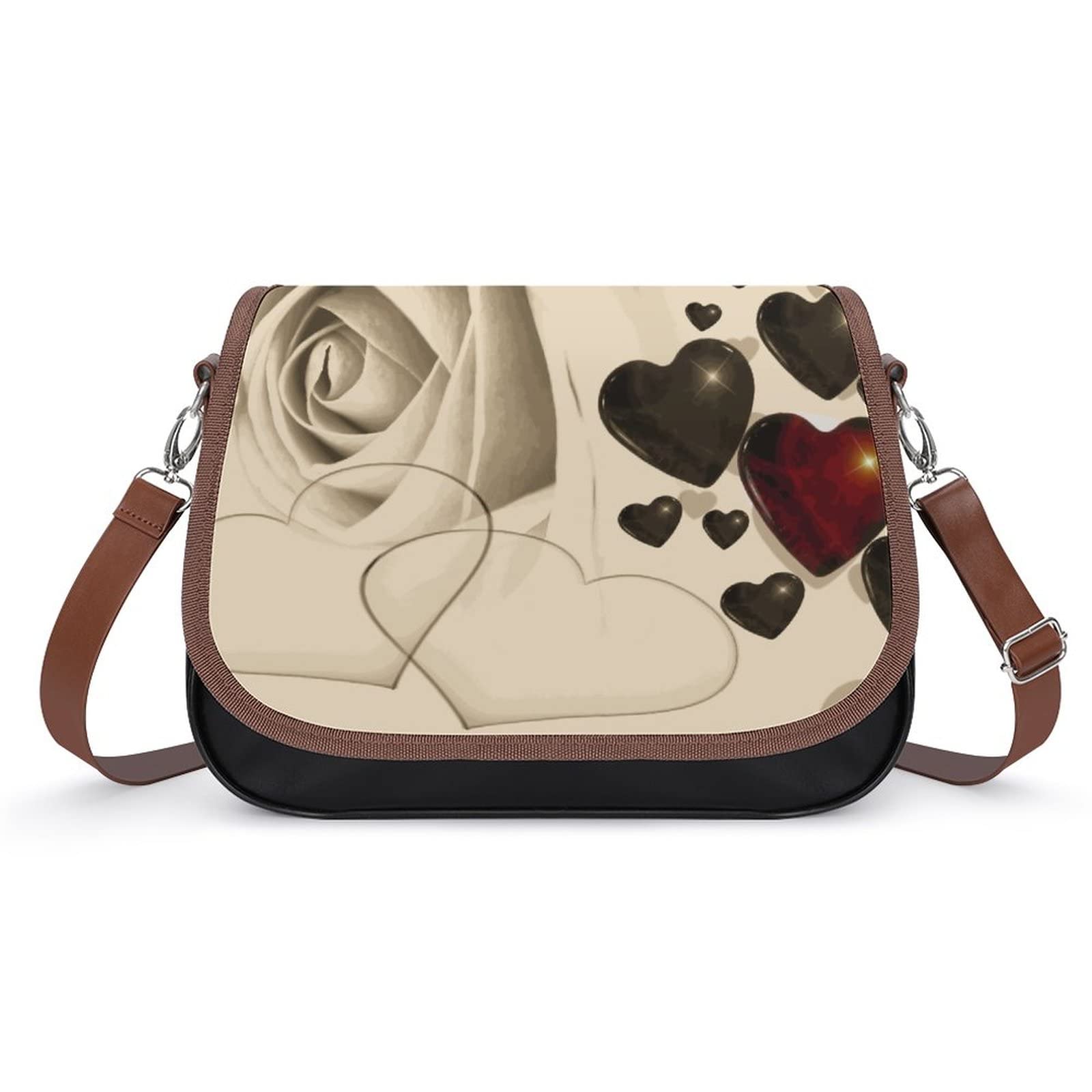 Stylish Printed Crossbody Shoulder Bag for Women - PU Leather Designer Satchel with Retro Rose & Hearts Pattern | Perfect for Work, Travel & Daily Use