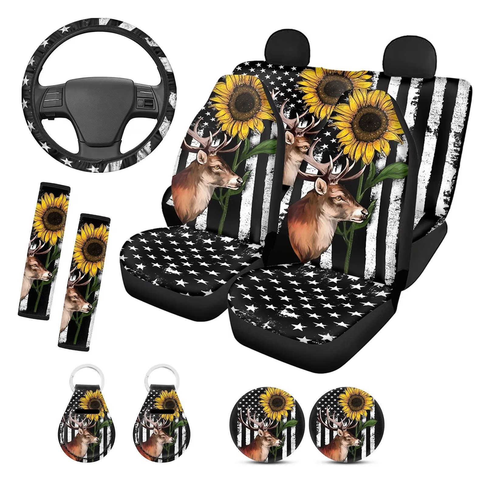 YSTARDREAM American Flag Sunflower Car Seat Covers Full Set - Universal Fit for Cars, Trucks & SUVs | Includes Steering Wheel Cover, Seat Belt Covers, Coasters & Keyrings | Durable & Stylish Auto Accessories for Women & Men | Perfect for Road Trips, Daily Commute & Gift Giving