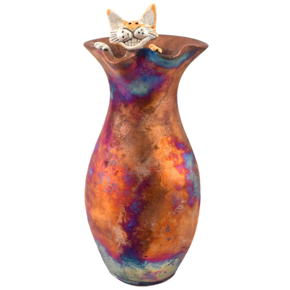 Handmade American Raku Pottery Vase with Playful Peekaboo Cat Design - Perfect for Boho Home Decor, Unique Gift & Living Room Centerpiece