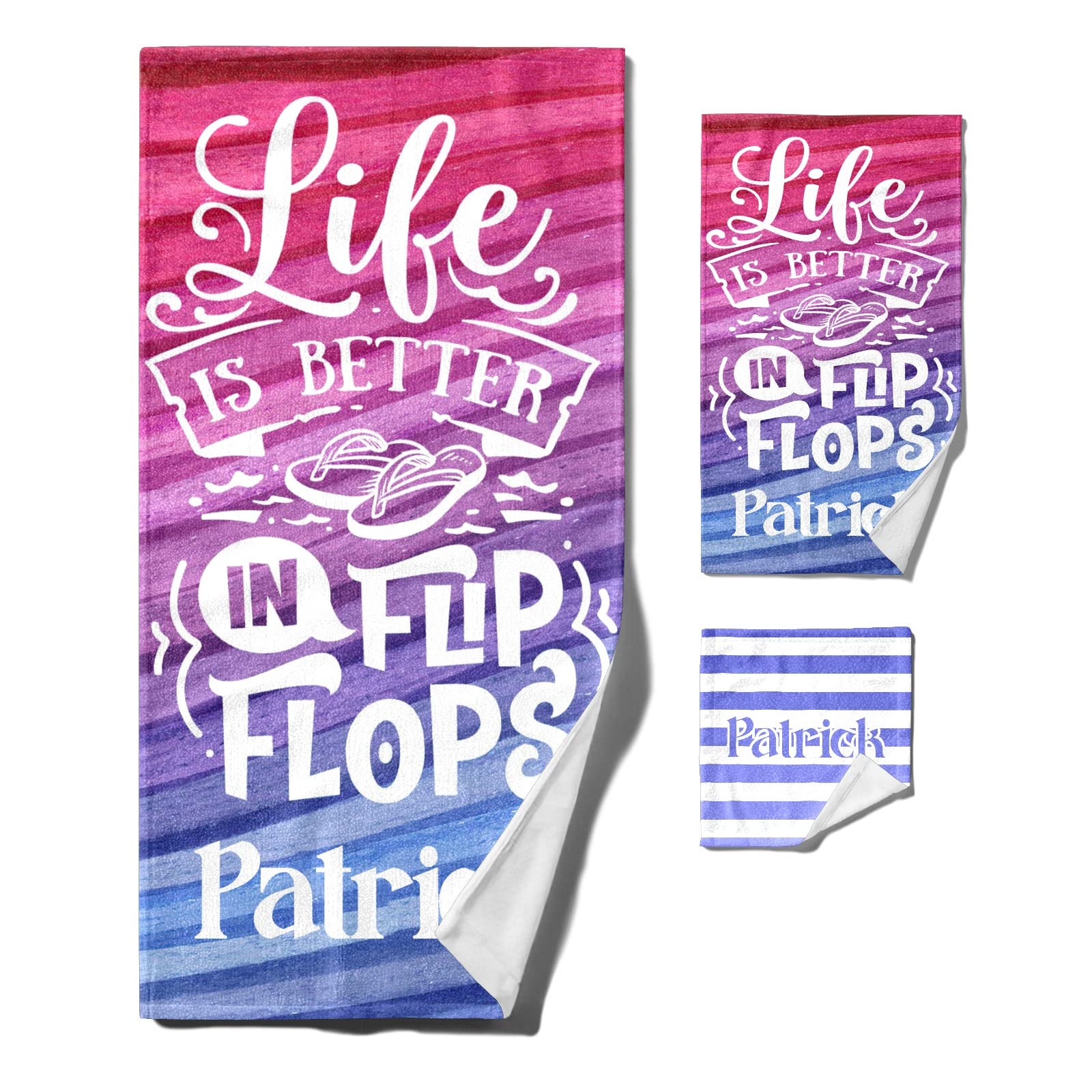 Custom Personalized Quick-Dry Beach Towel Set of 3 - Striped Bath, Hand & Washcloth Towels with Name Embroidery | Perfect for Pool, Spa, Beach Vacation & Summer Decor Gifts