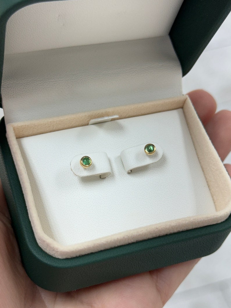 0.20tcw 14K Gold Natural Lush Medium Dark Green Cabochon Round Cut Petite Baby Emerald Stud Earrings for Women - Perfect for Everyday Wear, Gift Giving & Special Occasions