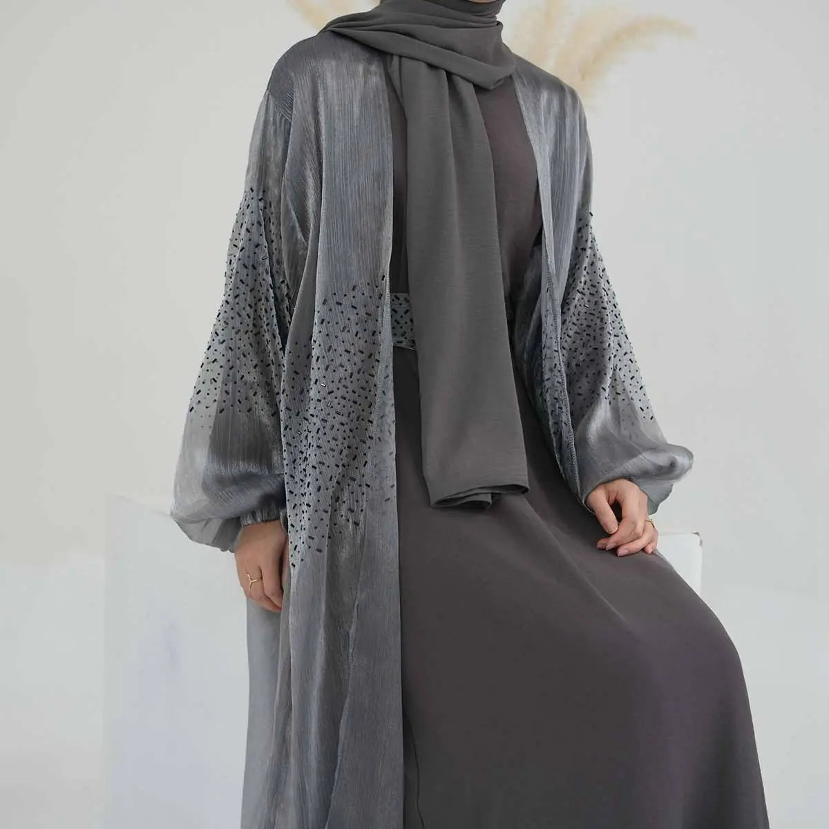 2 Piece Set Bright Wrinkle Puff Sleeve Open Abaya Dress - Elegant Muslim Women's Prayer Dress for Mosque, Eid & Special Occasions