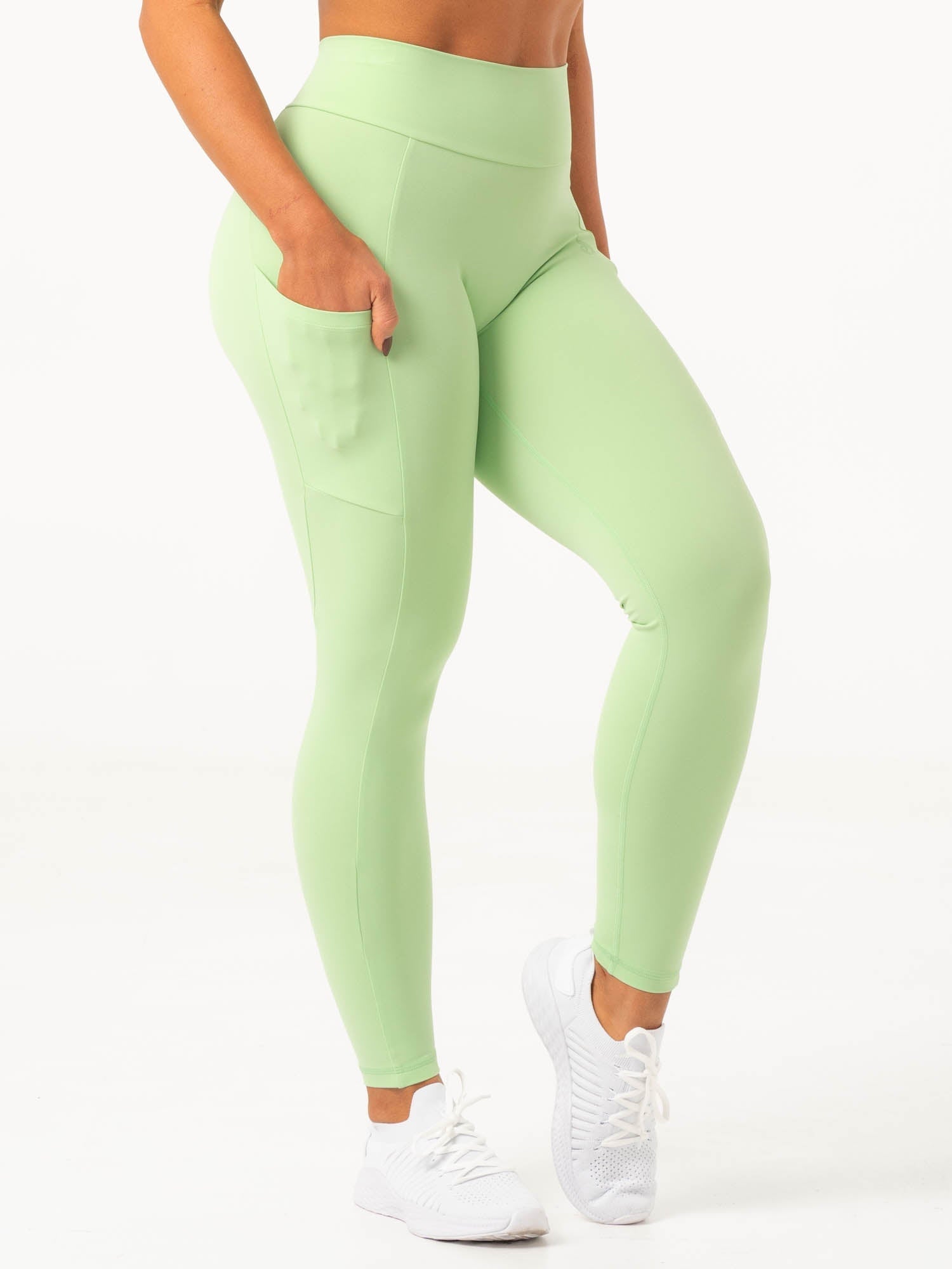 NKD V Scrunch Pocket Leggings for Women - High Waisted Yoga Pants with Side Pockets, Green Glow - Perfect for Workouts, Running, Yoga & Lounge Wear