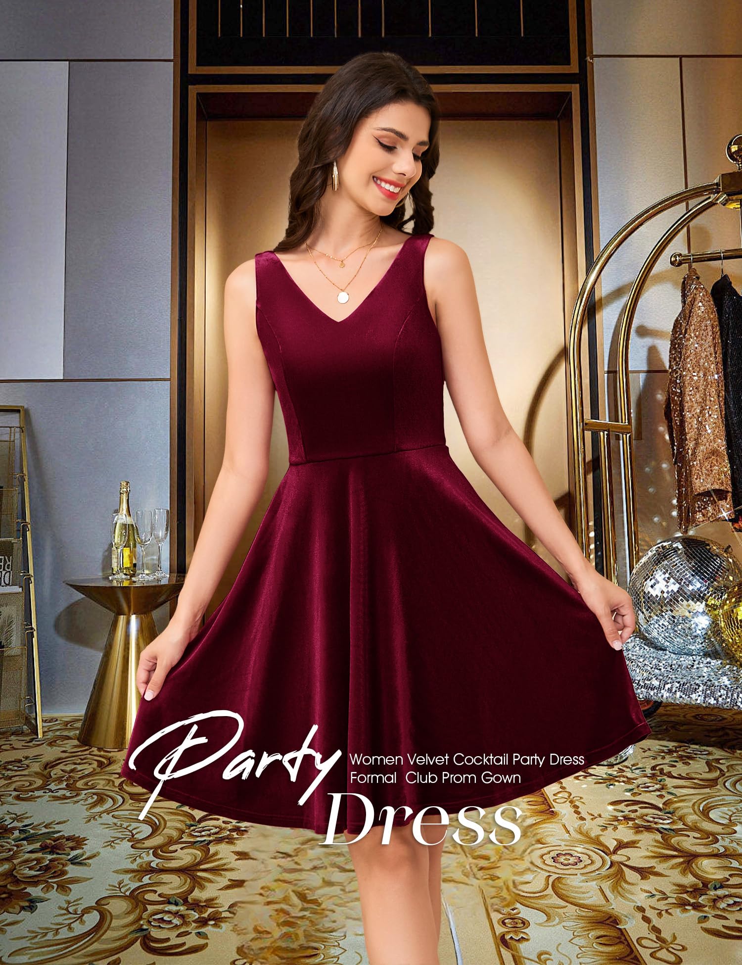 Dressystar Women's V Neck Velvet Cocktail Dress - Flared A-line Formal Party Dress for Wedding Guest, Evening Events & Holiday Celebrations