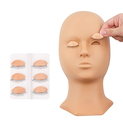 GEMERRY Lash Extension Practice Mannequin Head - Soft-Touch Rubber with 4 Replaceable Eyelid Pairs, Beginner-Friendly Eyelash Training Model (Light Brown Set) - Perfect for Salon Students & Home Practice