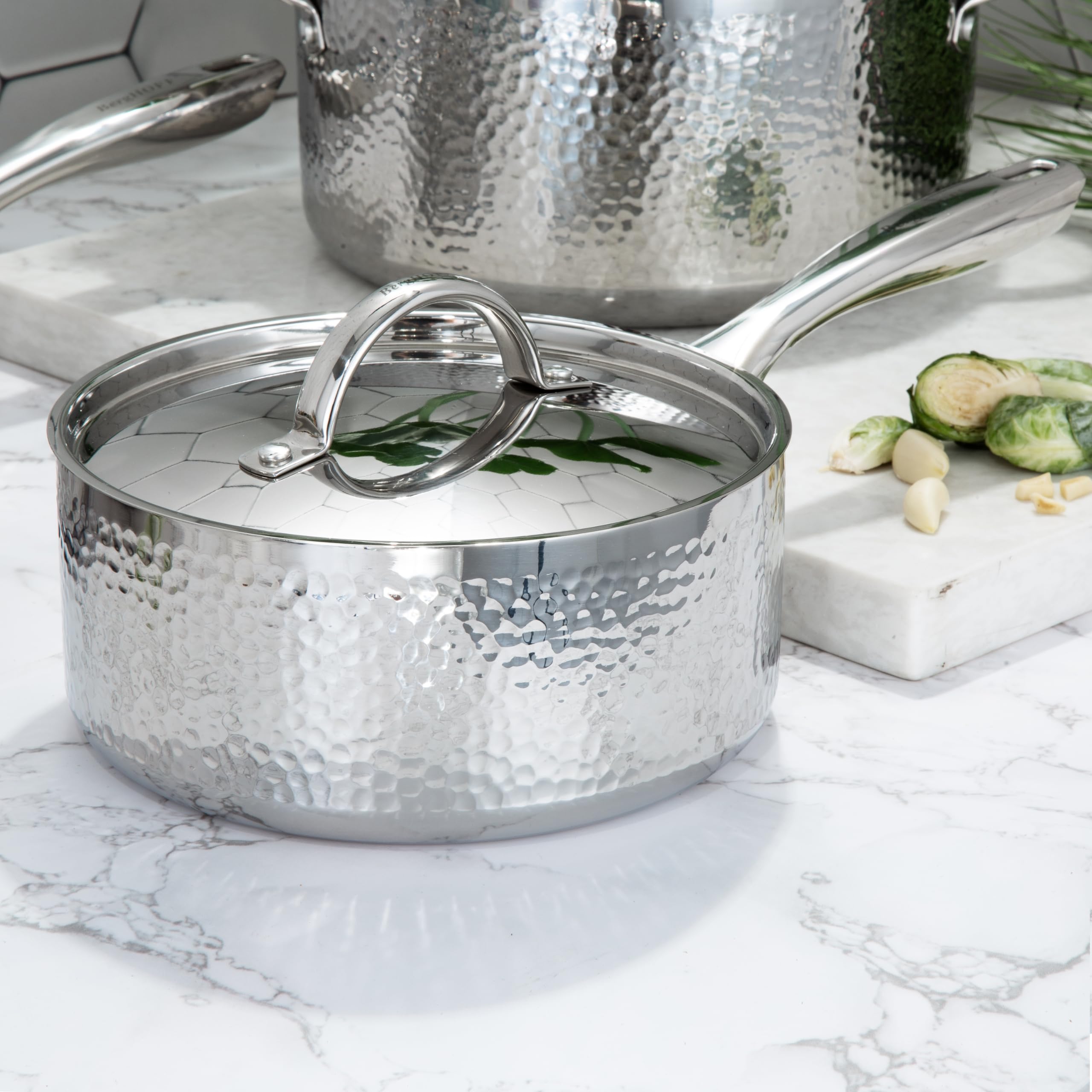 BergHOFF Vintage Tri-Ply 18/10 Stainless Steel Saucepan 3 Quart with Lid - 8 Inch Induction Compatible Cookware, Hammered Finish & Ergonomic Handle - Perfect for Soups, Sauces, and Slow Cooking
