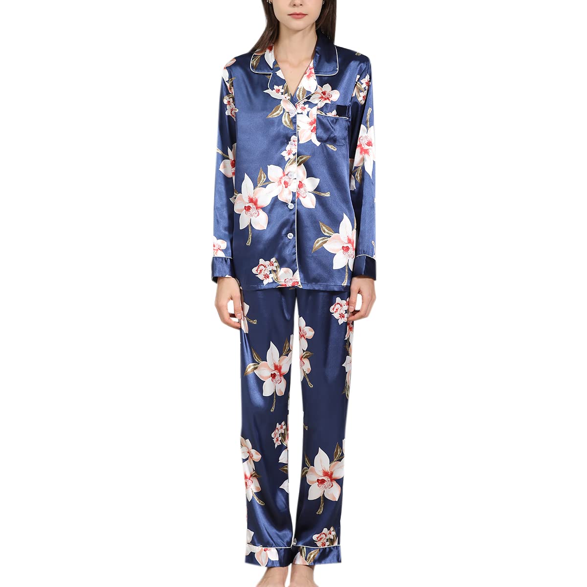 Women's Floral Printed Pajamas Set - Soft Silky Sleepwear 2-Piece Lounge Set for Comfortable Nights & Relaxing at Home - Perfect for Sleepovers, Lounging, and Gift Giving