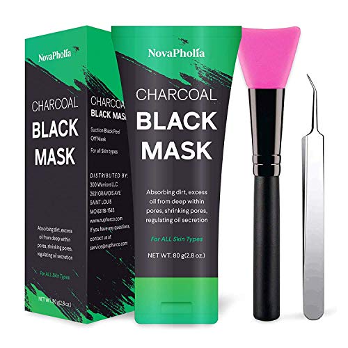 Novapholia Charcoal Peel Off Face Mask for Blackheads & Pores - Deep Cleansing Blackhead Remover with Extractor Tool & Brush - Oil Control Facial Mask (80ml) for Acne Treatment & Skin Purifying - Perfect for Oily Skin & Blackhead Removal at Home Spa