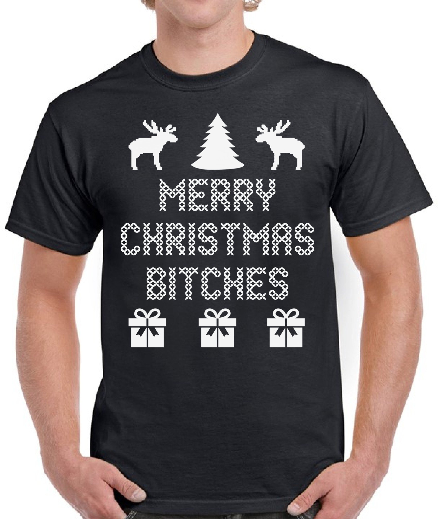 Pekatees Funny Christmas T-Shirt for Men - 'Merry Christmas Bitches' Ugly Holiday Sweater Alternative - Perfect for Xmas Parties & Gifts