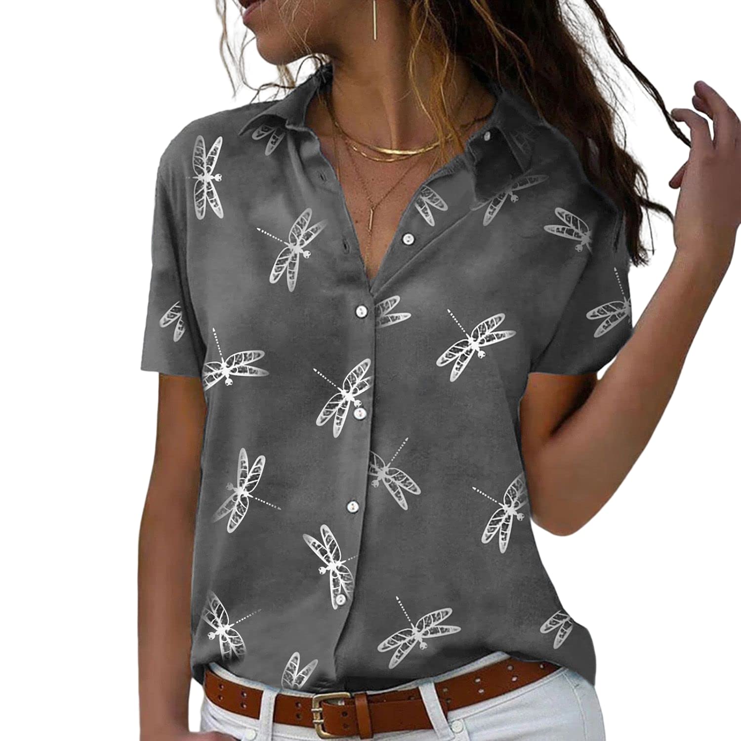Women's Floral Print V-Neck Short Sleeve T-Shirt - Summer Blouse for Casual & Dressy Wear - Perfect for Beach Outings, Brunch Dates & Office Casual Fridays