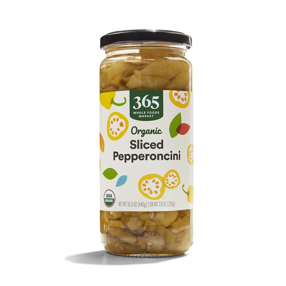 Organic Sliced Golden Pepperoncini Peppers by 365 Whole Foods Market, 15.5 oz (439g) - Perfect for Salads, Sandwiches, Pizza & Mediterranean Dishes | Great for Charcuterie Boards, Antipasto, Gourmet Cooking & Meal Prep | Ideal for Parties, Picnics, Healthy Snacks & Gifts | Non-GMO, Gluten-Free, Vegan-Friendly | Farm-Fresh Flavor for Home Chefs & Food Lovers