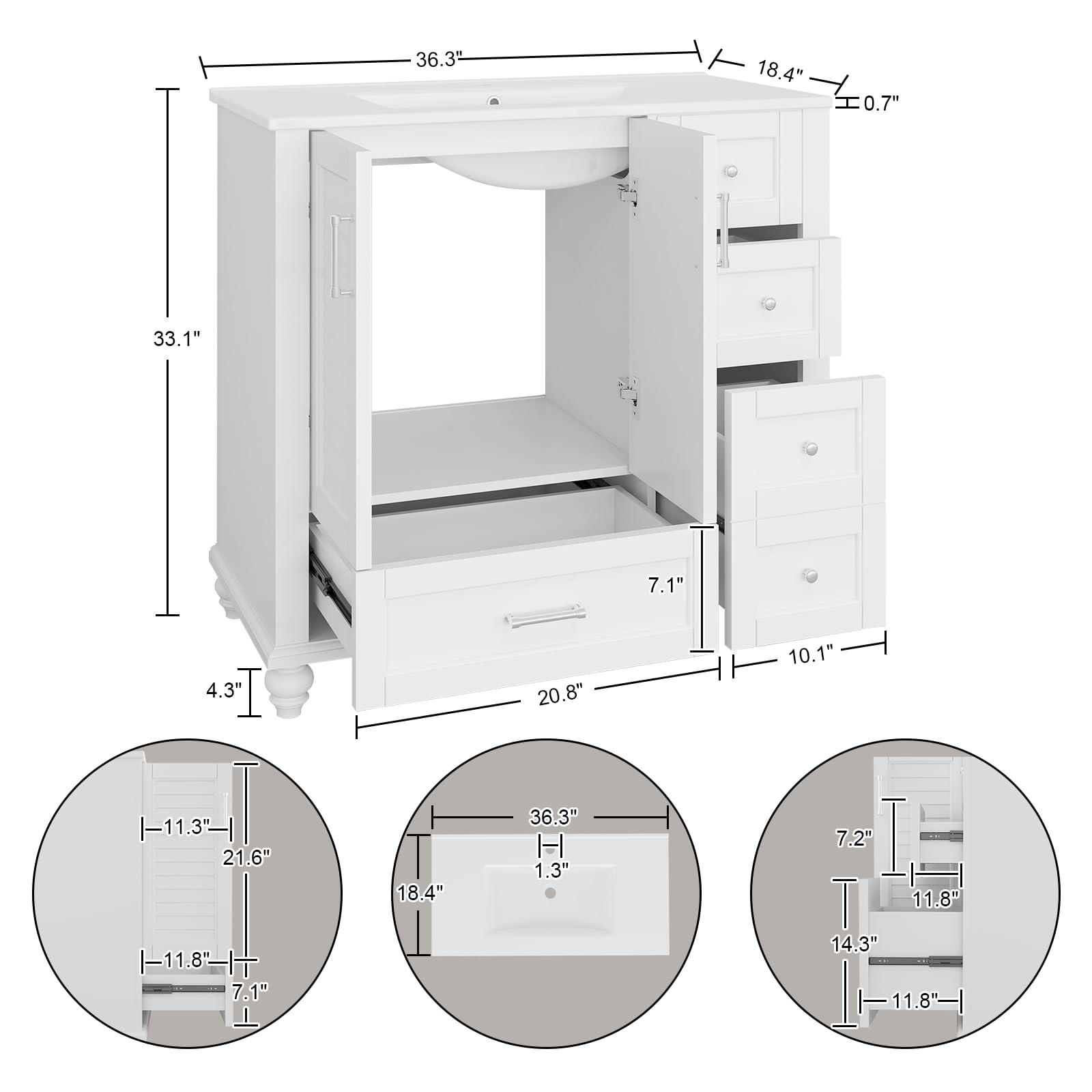 YOURLITE 36 Inch White Bathroom Vanity with Sink - Solid Wood Frame, 3 Drawers Storage, Louvre Design Cabinet & Integrated Ceramic Sink - Perfect for Modern Bathrooms, Powder Rooms & Small Spaces
