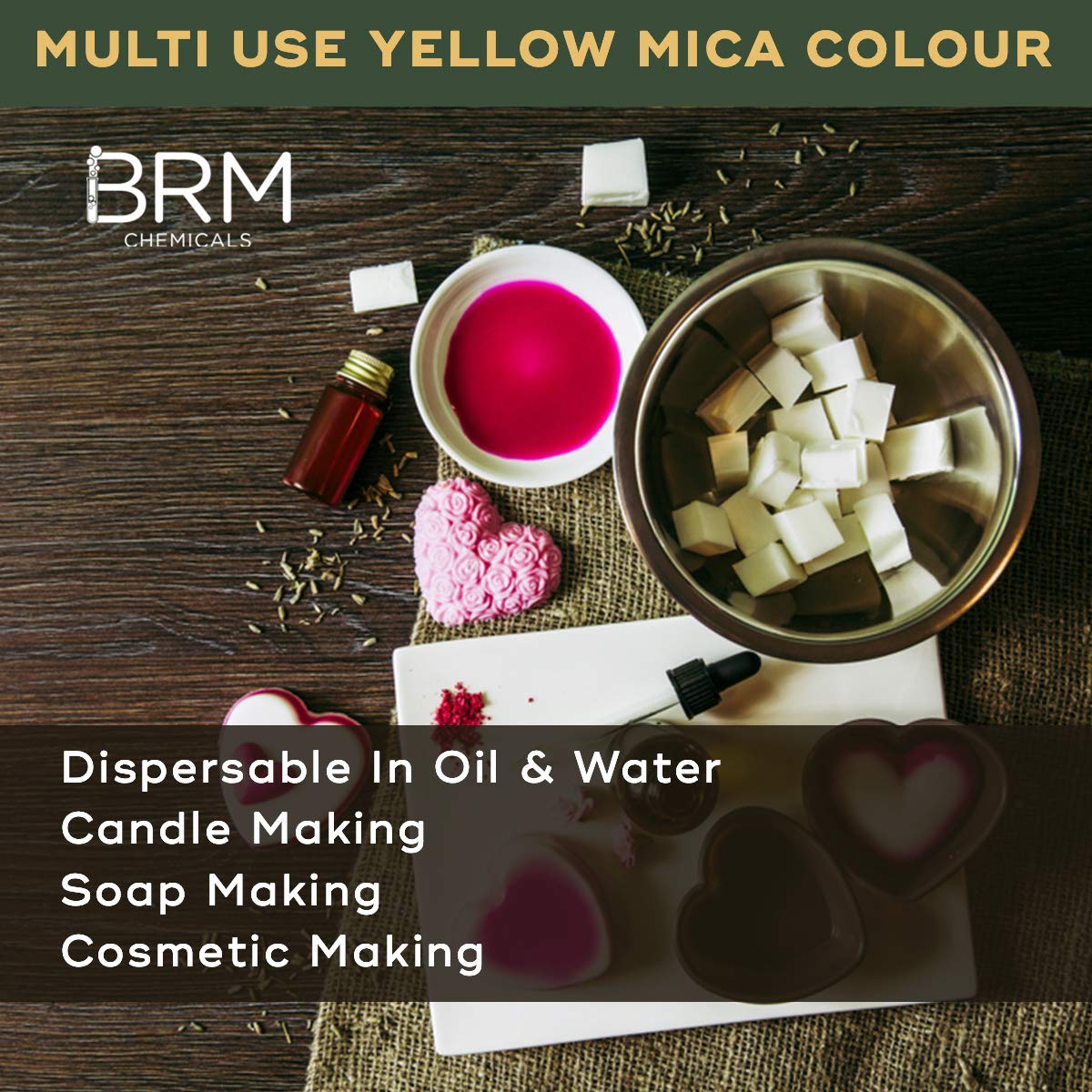 BRM Chemicals Yellow Mica Powder - 100g Oil & Water Soluble Pigment for Soap, Candle, Shampoo, Lotion, Makeup & DIY Cosmetics - Perfect for Handmade Skincare, Bath Bombs & Nail Art