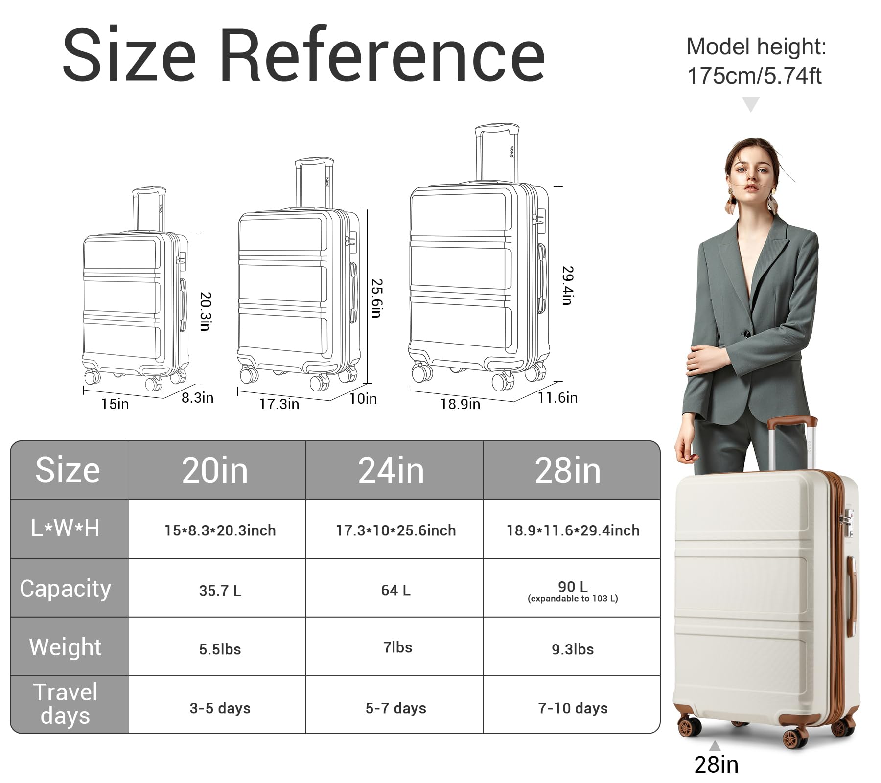 Kono 3-Piece Expandable Lightweight Hardside Luggage Set with Spinner Wheels & TSA Lock (20in, 24in, 28in Carry-On) - Cream White | Perfect for Business Travel, Family Vacations & International Trips