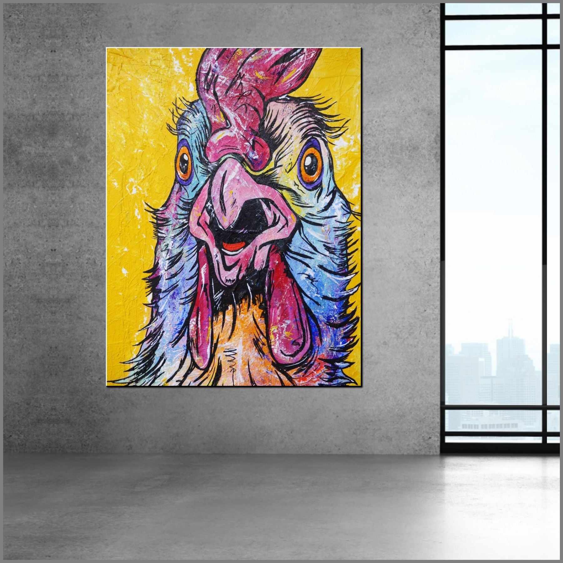Little Blue Rooster 140cm x 100cm Chicken Yellow Painting - Vintage Farmhouse Wall Art Decor for Kitchen, Dining Room & Country Style Home