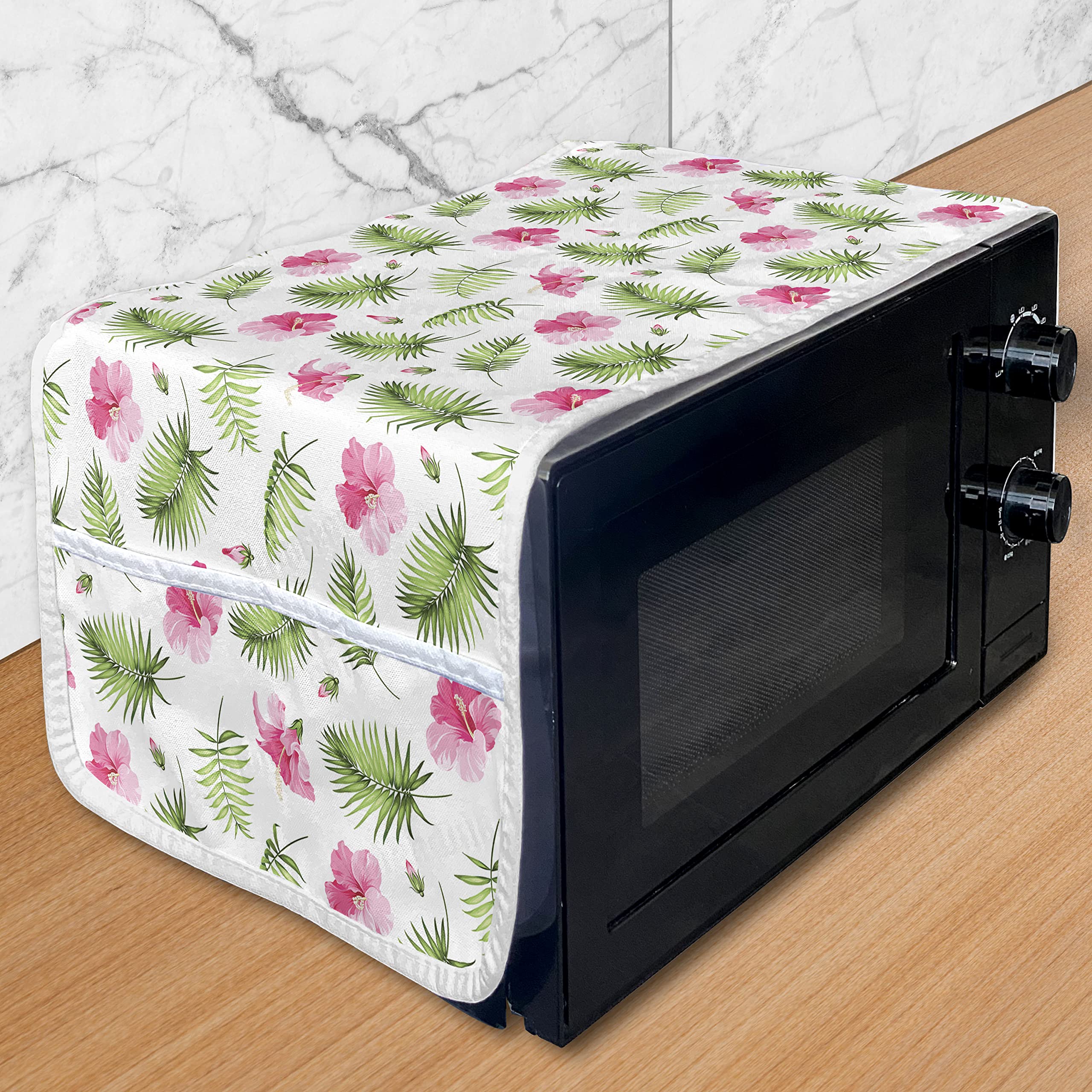 Ambesonne Tropical Microwave Cover - Pink Hibiscus & Green Palm Foliage Hawaiian Design, Waterproof Kitchen Organizer with Pockets (36