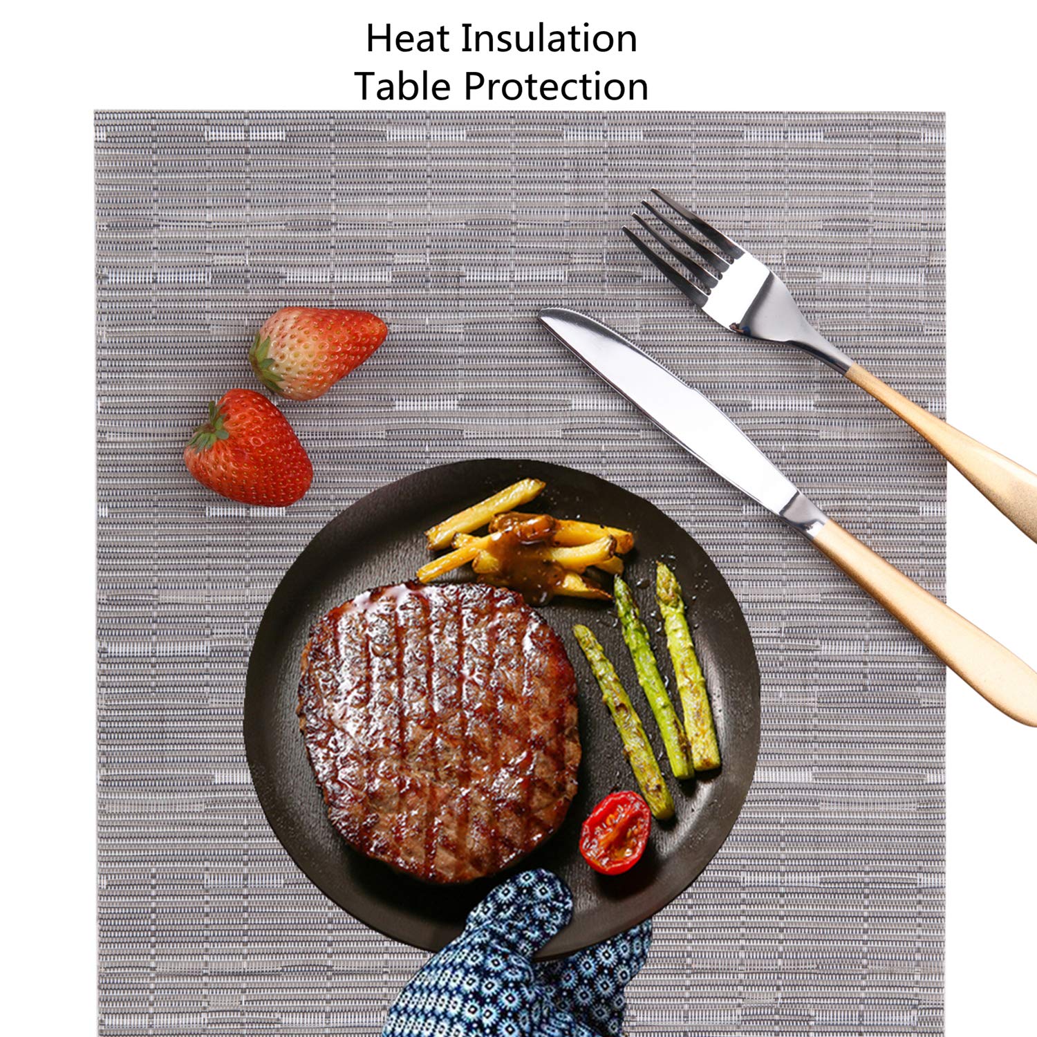 Premium Myir JUN 8-Pack Non-Slip Heatproof Woven Placemats - Washable PVC Table Mats for Dining Room, Kitchen & Office (Silver) | Elegant Table Setting & Home Decor Accessories