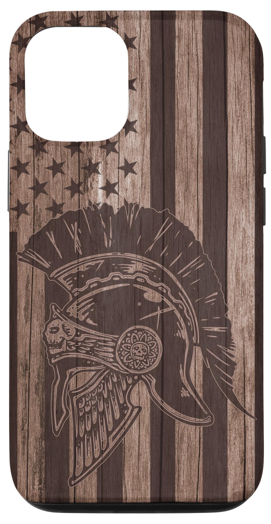 iPhone 12/12 Pro Wooden Case with American Flag & Spartan Warrior Design - Ancient Greek Style Protective Cover for Daily Use, Travel, and Outdoor Activities