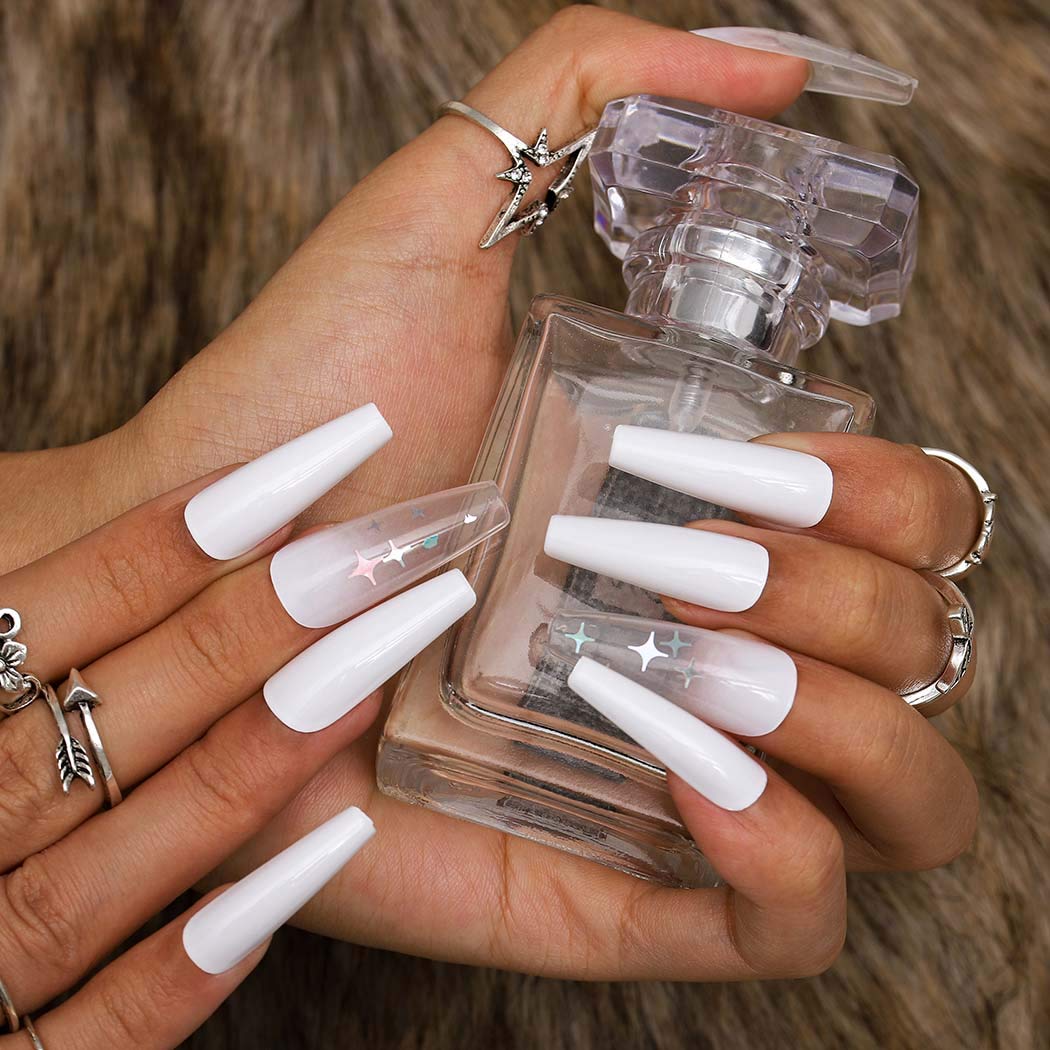 Gangel Coffin False Nails - 24Pcs Sparkle Star Acrylic Press on Nails, Long Ballerina Full Cover Fake Nails in Pure White | Perfect for Christmas Parties, Weddings, and Special Occasions | Gifts for Women and Girls