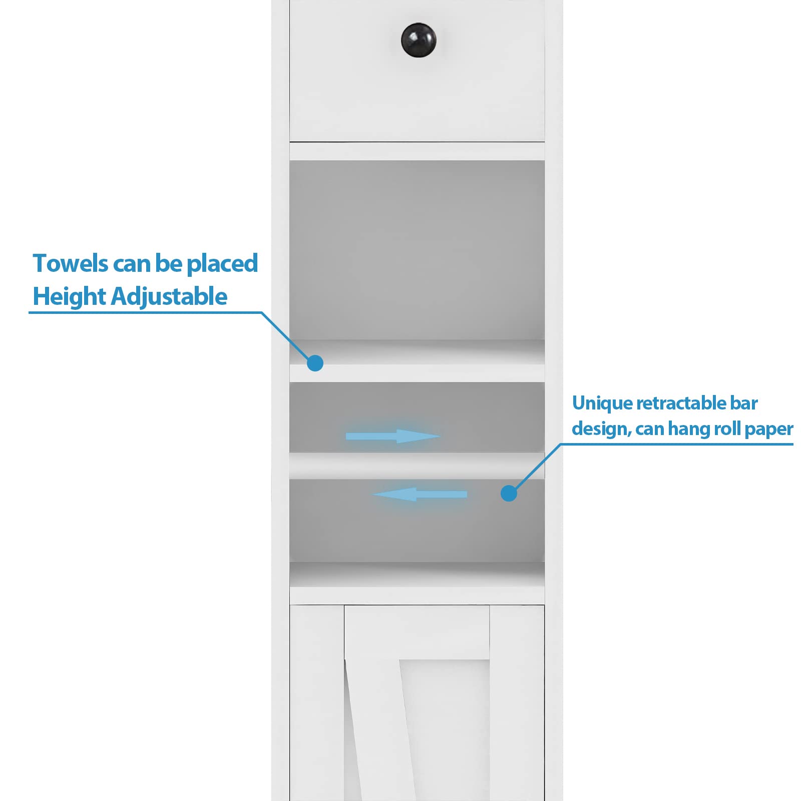 Adjustable Bathroom Storage Cabinet with 8 Compartments & Retractable Toilet Paper Holder - White Narrow 2-Door Tall Cabinet for Small Spaces | Perfect for Bathroom Organization, Apartment Living & Space-Saving Storage Solutions