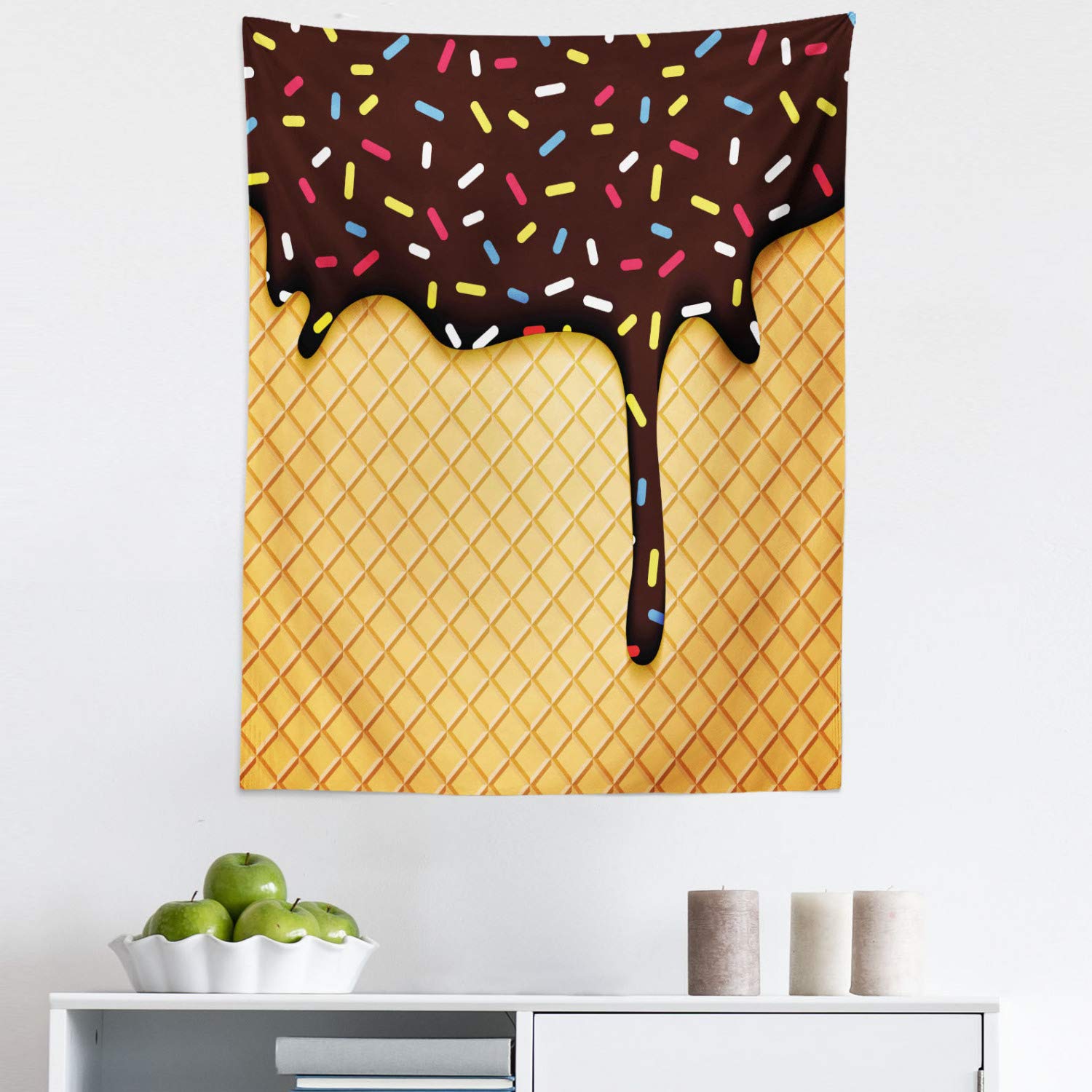 Ambesonne Ice Cream Tapestry - Waffle Chocolate Flavor Dessert Wall Hanging Decor for Bedroom, Living Room & Dorm | 23x28 Inch Dark Brown Mustard Fabric Art | Perfect for Home Decor, Party Backdrop & Instagram Photo Background