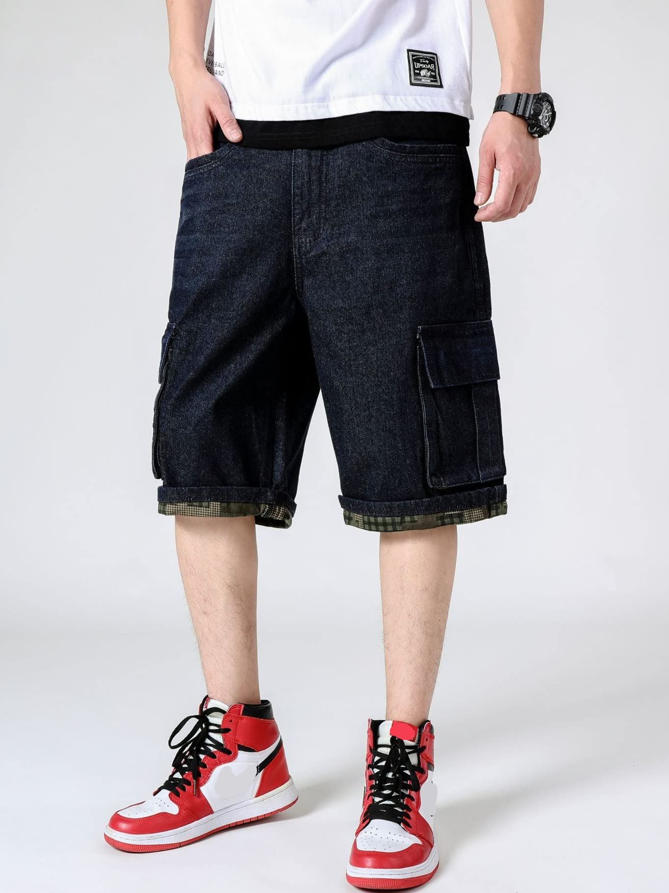 QBO Men's Loose Fit Work Jeans Denim Cargo Shorts - Big & Tall Casual Plus Size Pants for Outdoor Work, Hiking & Everyday Wear