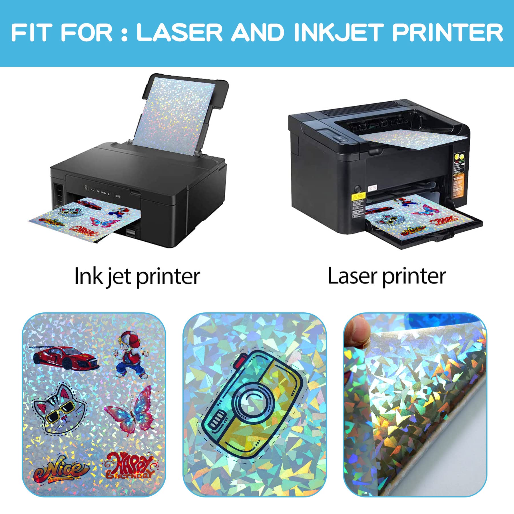 Holographic Printable Sticker Paper - Vinyl Rainbow Sticker Sheets for Inkjet & Laser Printers (20 Sheets, 8.5 x 11 Inch) | Quick-Dry Waterproof Sticker Paper | Diamond Style for DIY Crafts, Scrapbooking & Decoration