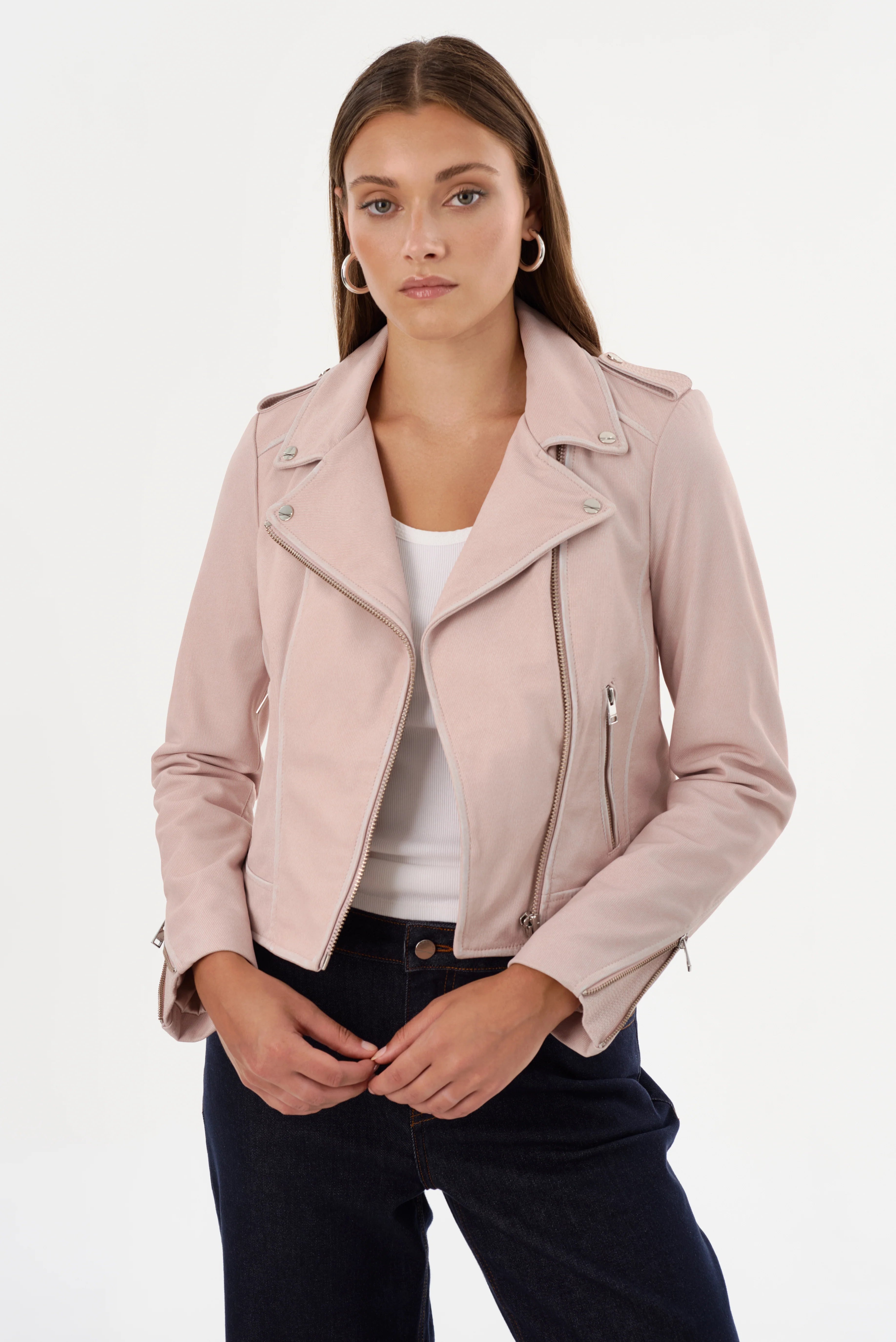 Women's Pink Denim Leather Biker Jacket - Stylish Motorcycle Jacket for Riding & Fashion | Perfect for Casual Outfits & Night Out