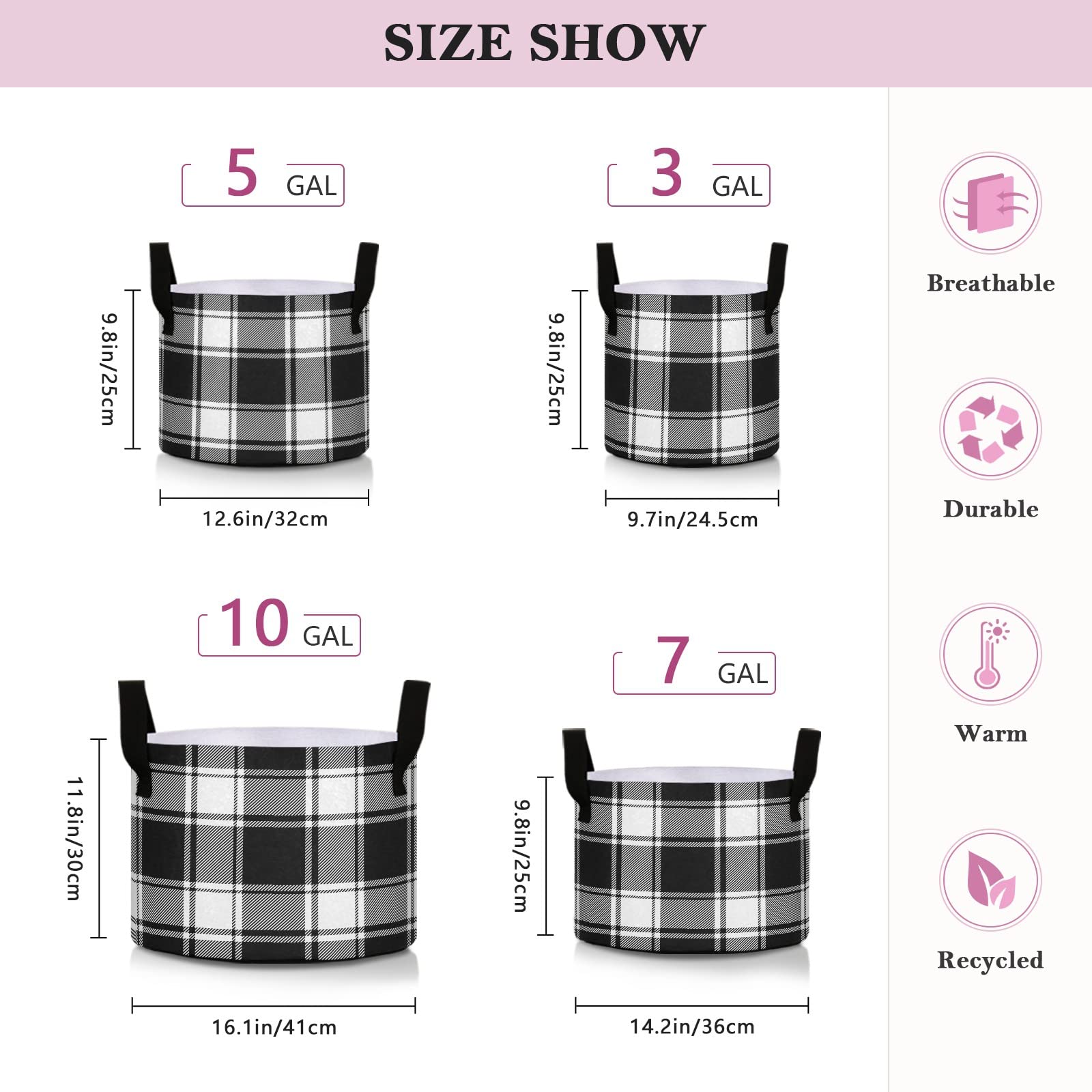 3 Gallon Grow Bags with Handles - Heavy Duty Aeration Fabric Pots for Plants, Thickened Felt Plant Containers, Farmhouse Black and White Buffalo Check Plaid - Perfect for Indoor/Outdoor Gardening, Vegetables, Flowers & Herbs