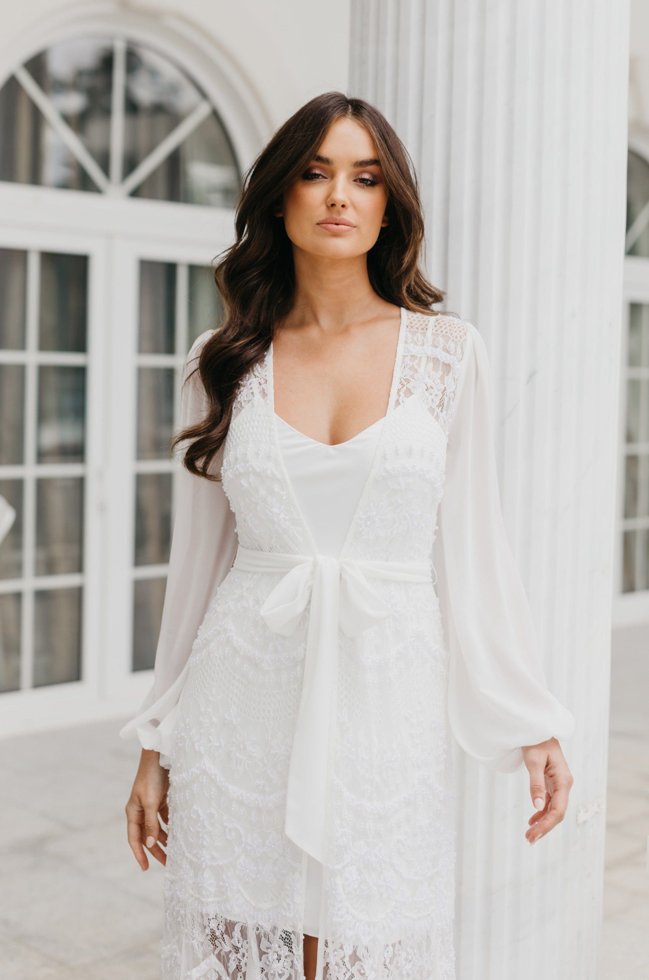Elegant Hand-Beaded Pearl Maxi Bridal Robe with Slip - Perfect for Wedding, Bridal Shower & Honeymoon Getaway